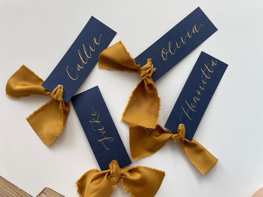 NAVY + GOLD Satin Ribbon Calligraphy Place Name Card | Calligraphy Wedding Place Name Card | Gold or Silver Eyelet