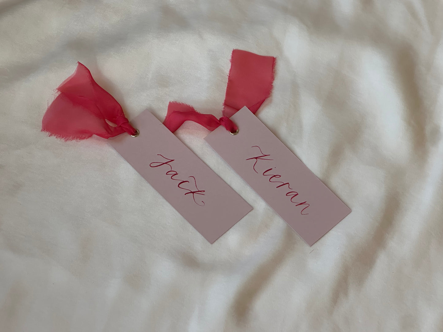 BLUSH + PINK Place Card Organza Ribbon | Calligraphy Wedding Place Name Card | Gold or Silver Eyelet