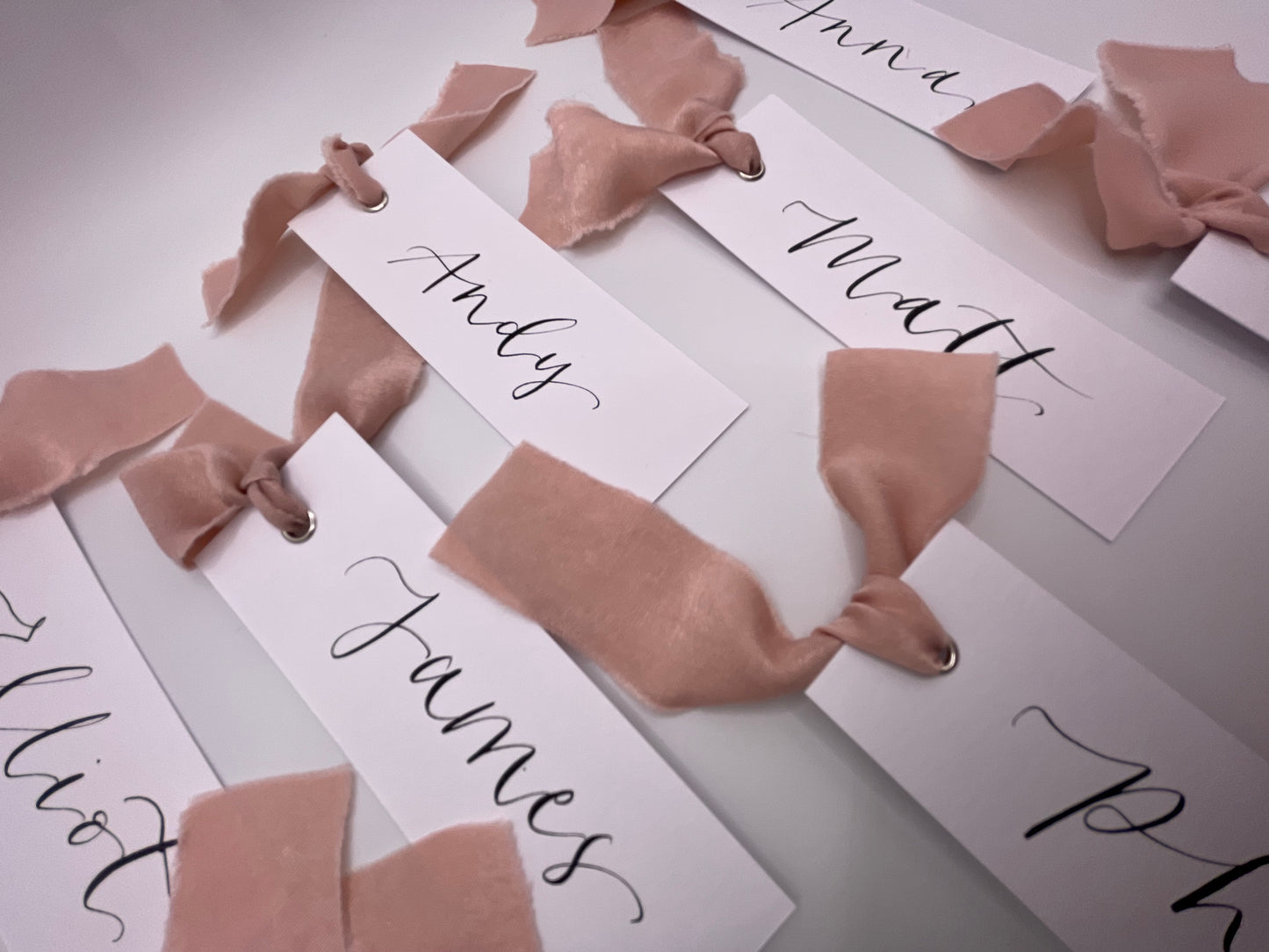 BLUSH Chiffon Ribbon Calligraphy Place Name Card | White Calligraphy Wedding Place Name Card | Gold or Silver Eyelet