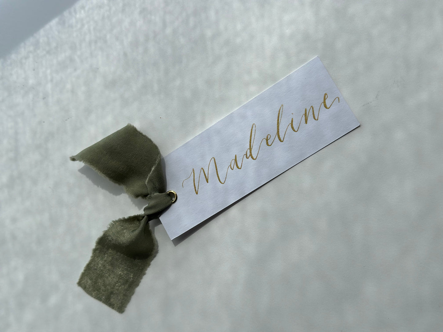 EUCALYPTUS Chiffon Ribbon Calligraphy Place Name Card | White Calligraphy Wedding Place Name Card | Gold or Silver Eyelet