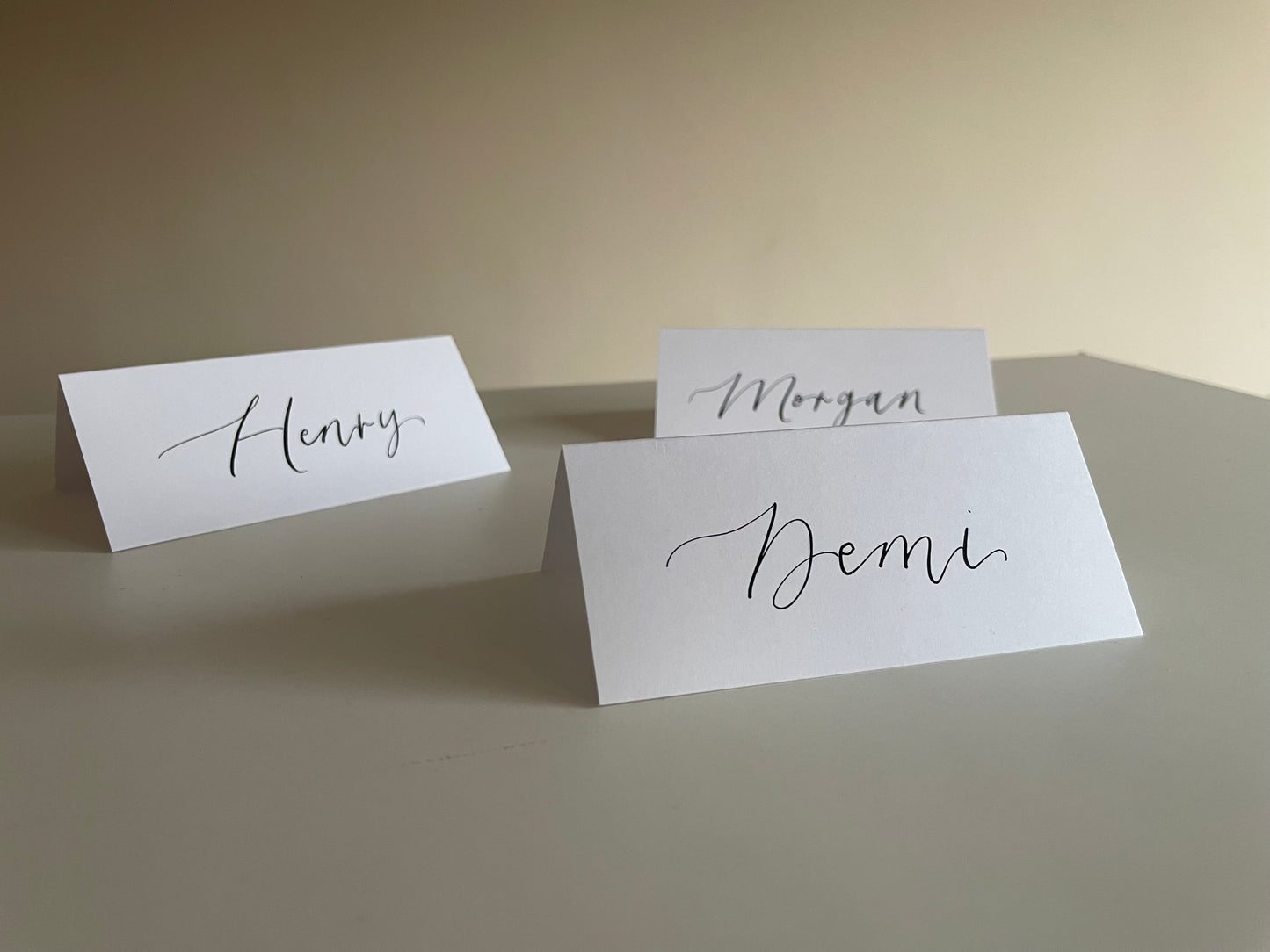 Tented Calligraphy Wedding Place Name Card | White Card with Hand Written Calligraphy