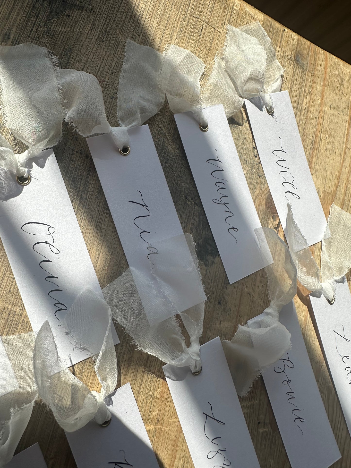 WHITE Organza Calligraphy Place Name Card | White Calligraphy Wedding Place Name Card | Gold or Silver Eyelet