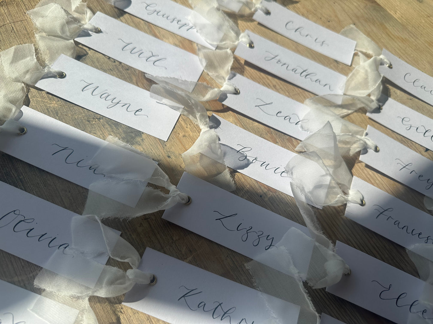 WHITE Organza Calligraphy Place Name Card | White Calligraphy Wedding Place Name Card | Gold or Silver Eyelet