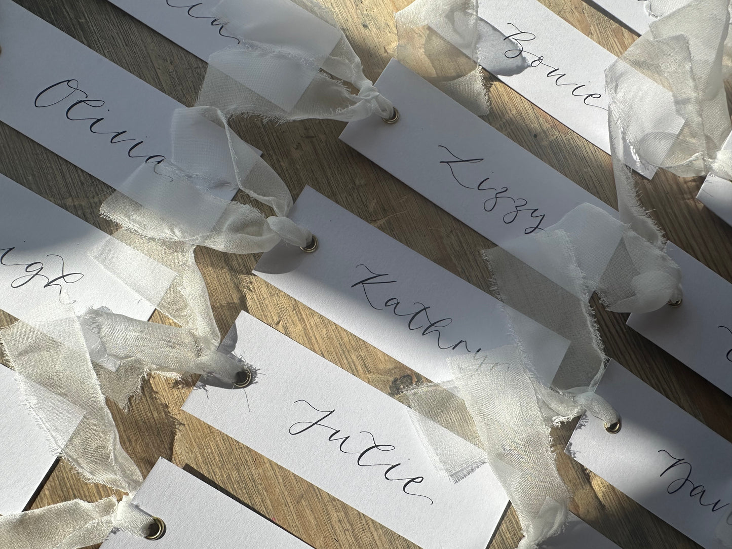 WHITE Organza Ribbon Calligraphy Place Name Card | Opaque Calligraphy Wedding Place Name Card | Gold or Silver Eyelet