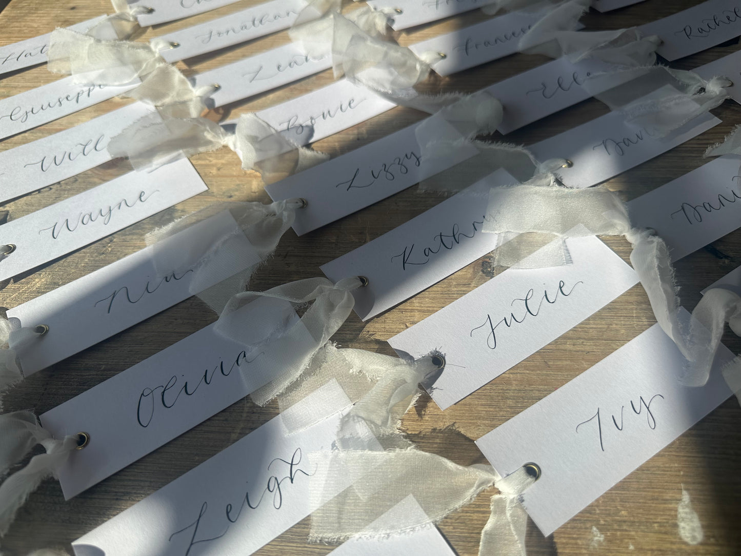 WHITE Organza Calligraphy Place Name Card | White Calligraphy Wedding Place Name Card | Gold or Silver Eyelet