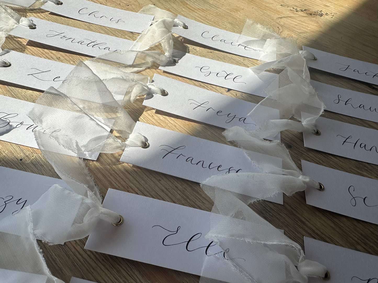 WHITE Organza Calligraphy Place Name Card | White Calligraphy Wedding Place Name Card | Gold or Silver Eyelet