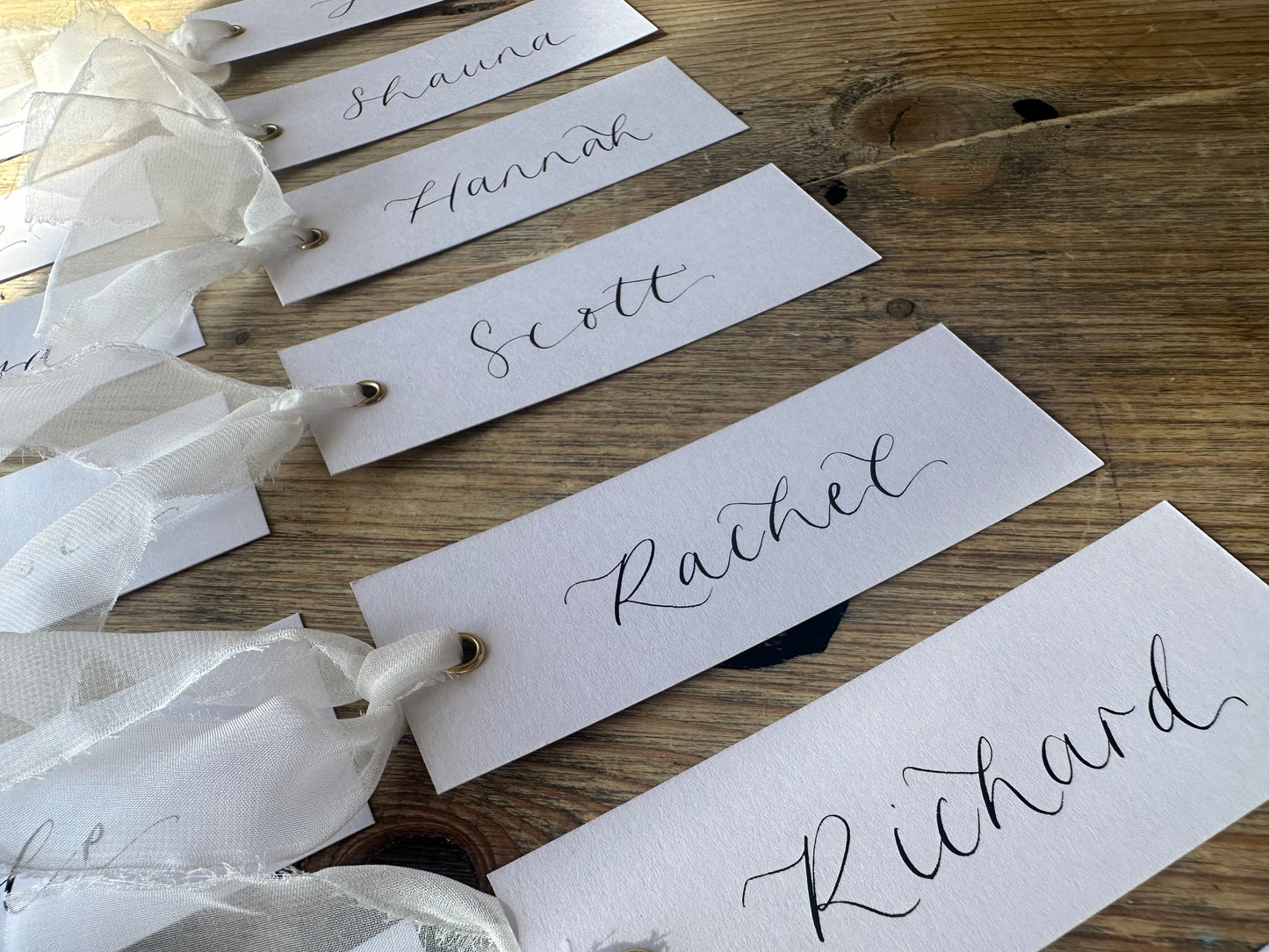 WHITE Organza Calligraphy Place Name Card | White Calligraphy Wedding Place Name Card | Gold or Silver Eyelet