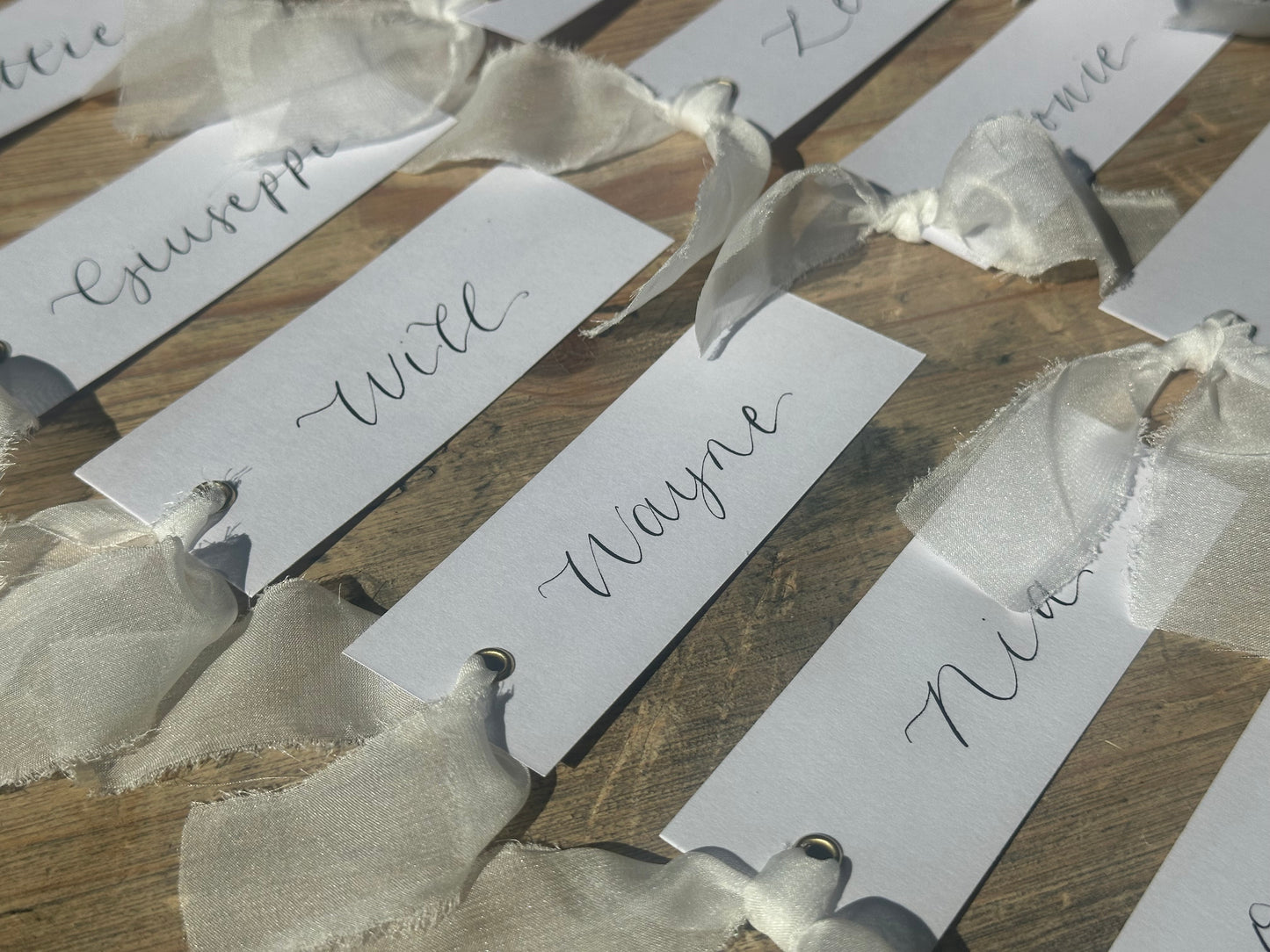 WHITE Organza Calligraphy Place Name Card | White Calligraphy Wedding Place Name Card | Gold or Silver Eyelet