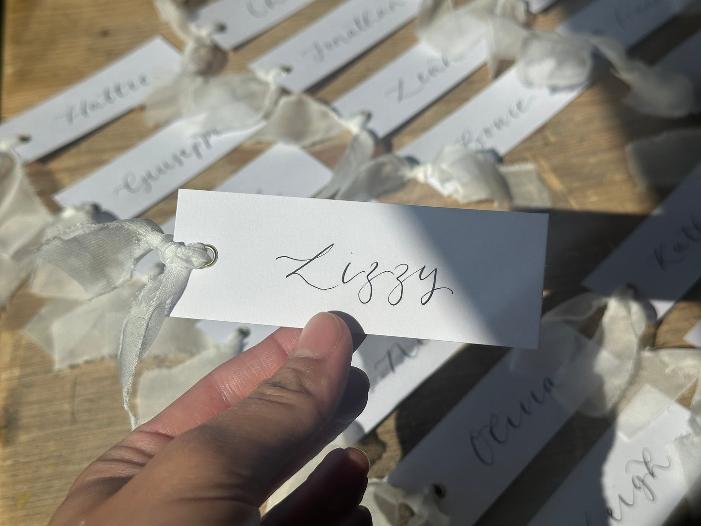 WHITE Organza Calligraphy Place Name Card | White Calligraphy Wedding Place Name Card | Gold or Silver Eyelet