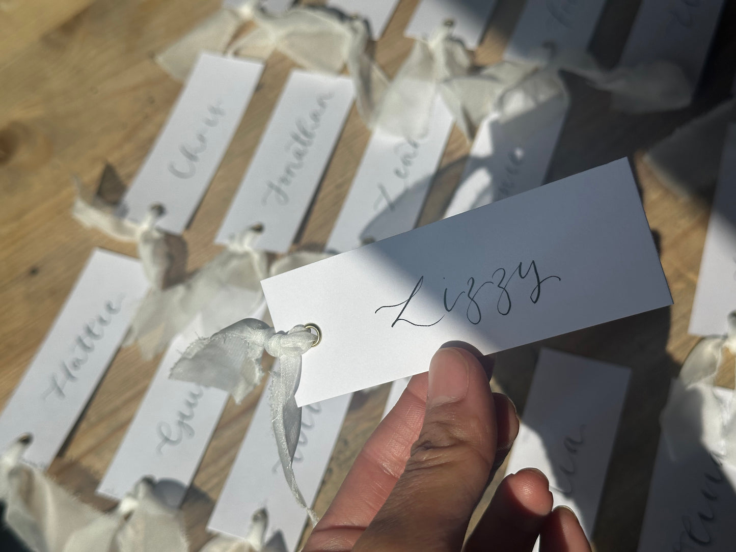 WHITE Organza Calligraphy Place Name Card | White Calligraphy Wedding Place Name Card | Gold or Silver Eyelet