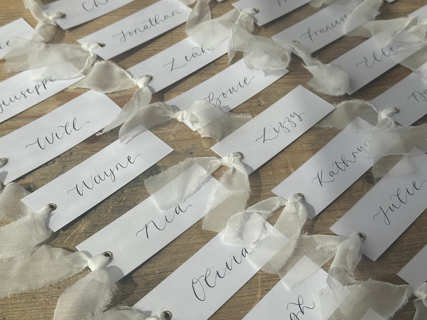 WHITE Organza Calligraphy Place Name Card | White Calligraphy Wedding Place Name Card | Gold or Silver Eyelet
