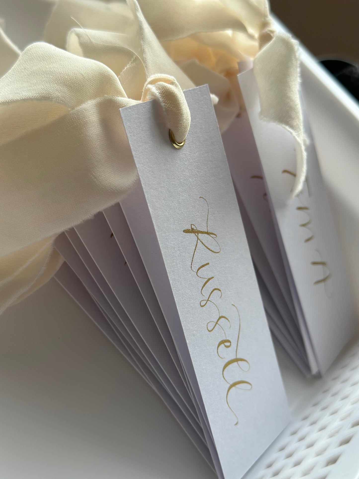 CHAMPAGNE Chiffon Gold Calligraphy Place Name Card | White Calligraphy Wedding Place Name Card | Gold or Silver Eyelet
