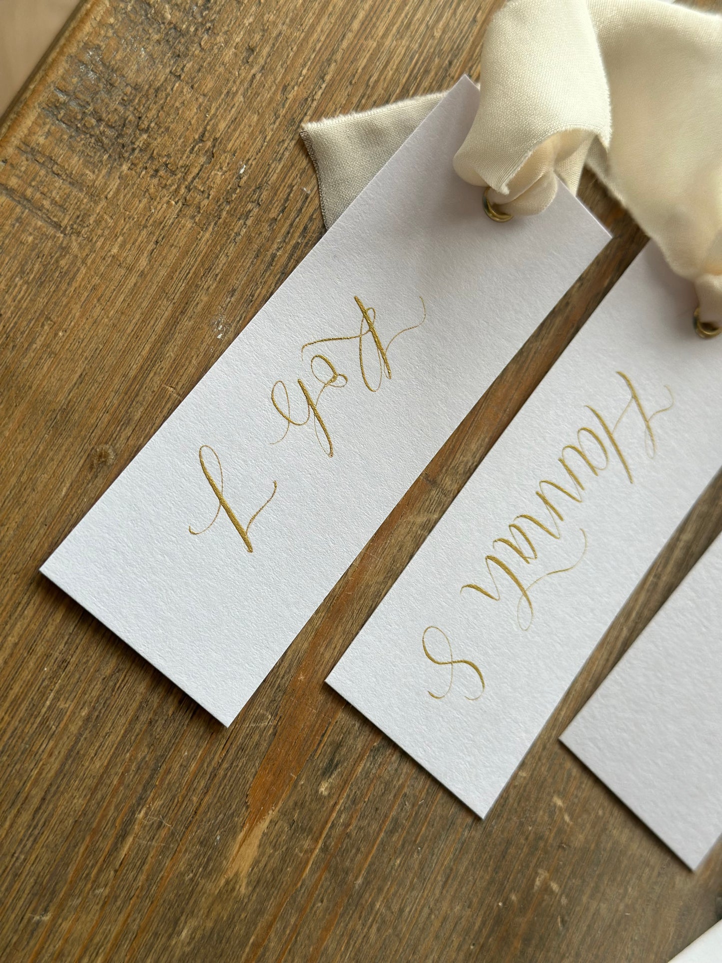 CHAMPAGNE Chiffon Gold Calligraphy Place Name Card | White Calligraphy Wedding Place Name Card | Gold or Silver Eyelet