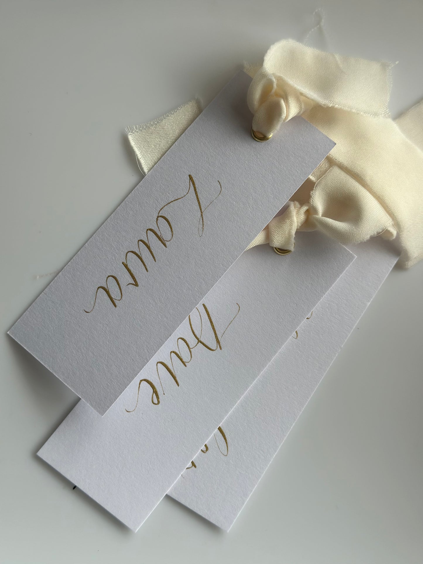CHAMPAGNE Chiffon Gold Calligraphy Place Name Card | White Calligraphy Wedding Place Name Card | Gold or Silver Eyelet