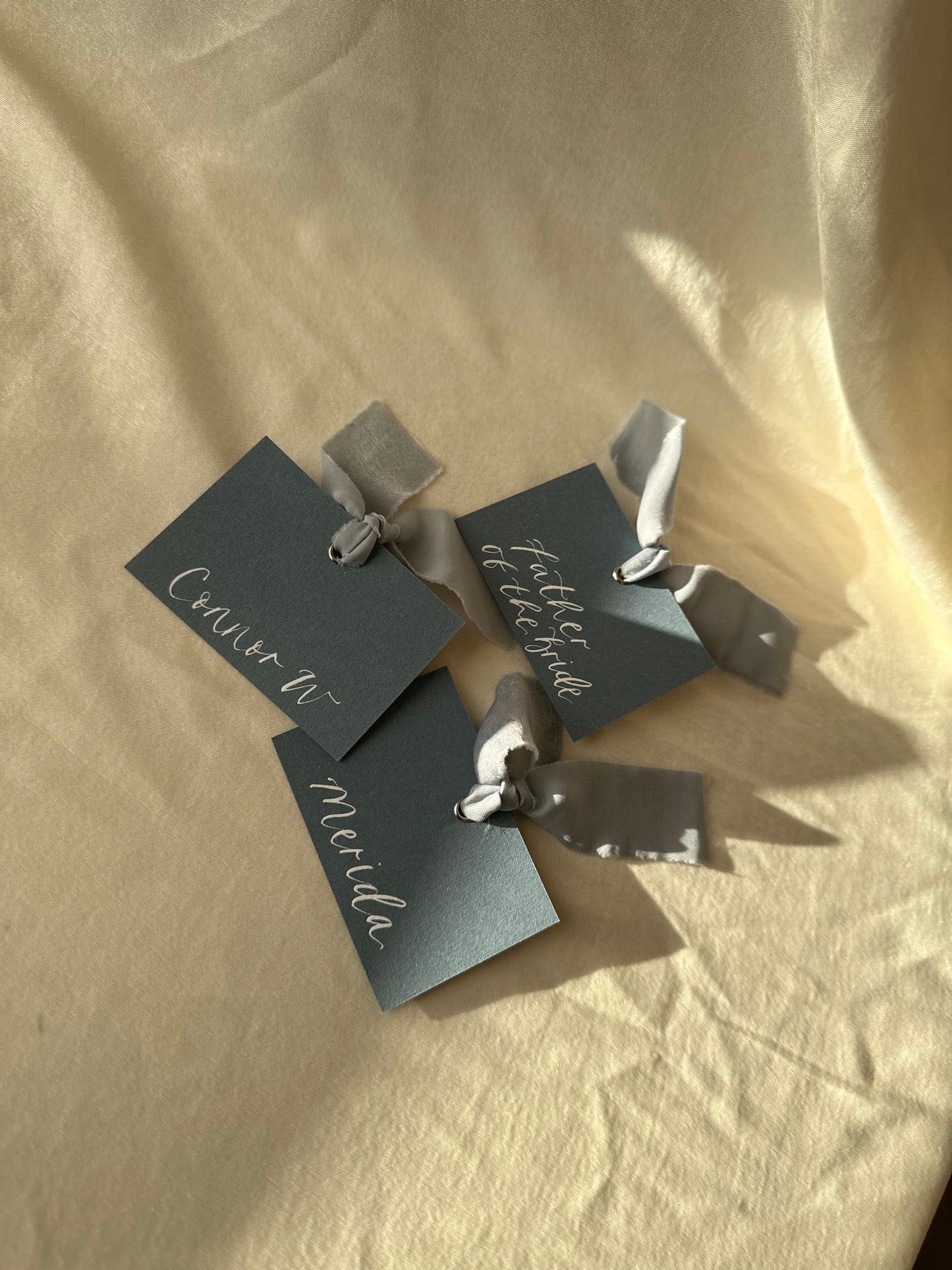DUSKY BLUE Square *ish Ribbon Place Card | Calligraphy Wedding Place Name Card | Gold or Silver Eyelet