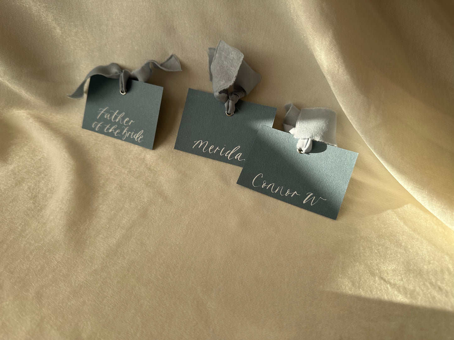 DUSKY BLUE Square *ish Ribbon Place Card | Calligraphy Wedding Place Name Card | Gold or Silver Eyelet