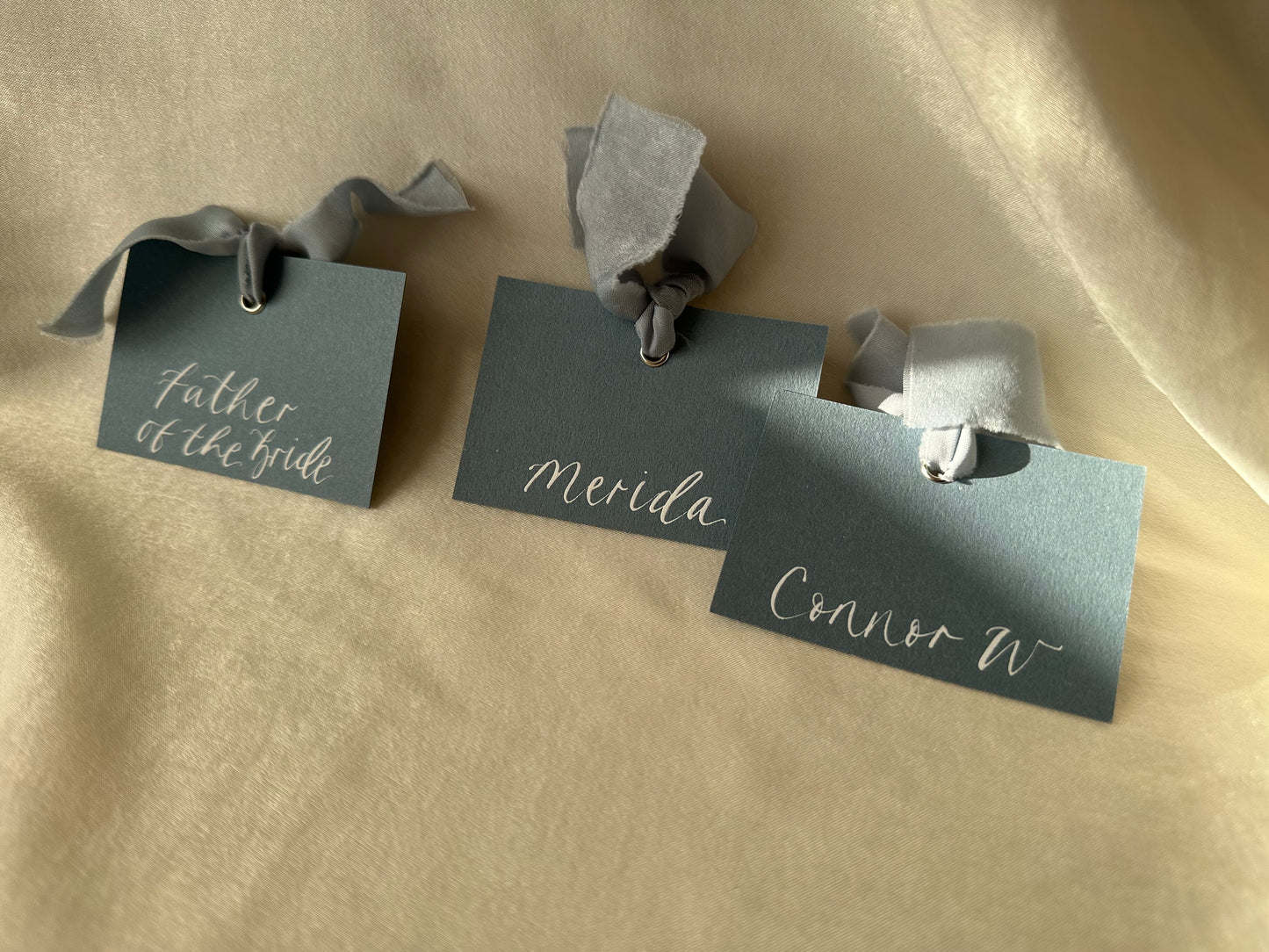 DUSKY BLUE Square *ish Ribbon Place Card | Calligraphy Wedding Place Name Card | Gold or Silver Eyelet
