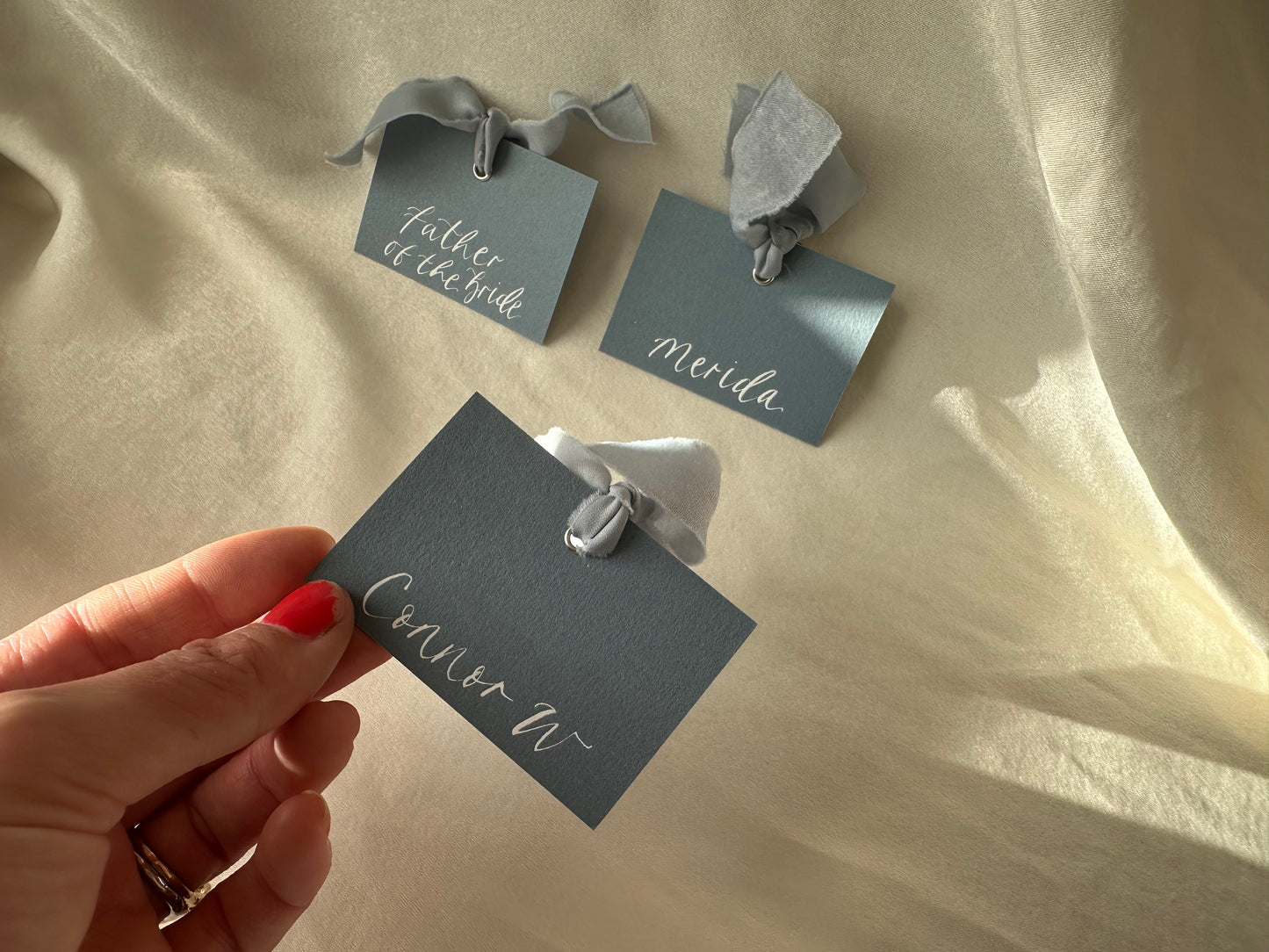 DUSKY BLUE Square *ish Ribbon Place Card | Calligraphy Wedding Place Name Card | Gold or Silver Eyelet