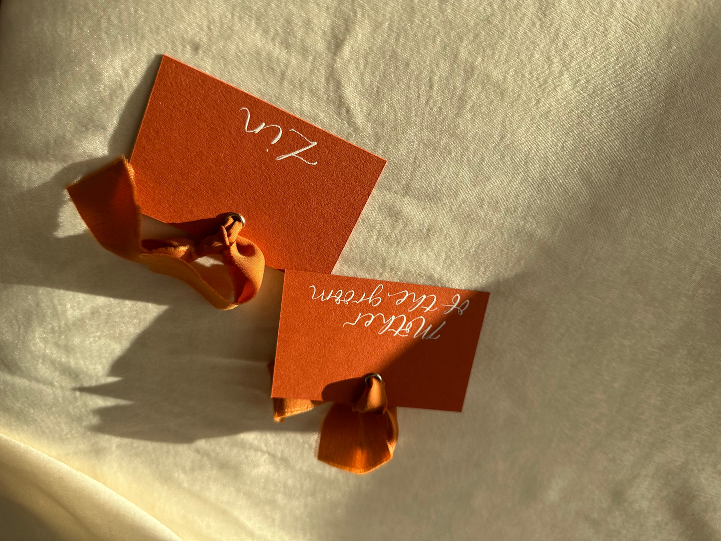 OCHRE Square *ish Place Card Chiffon Ribbon | Calligraphy Wedding Place Name Card | Gold or Silver Eyelet