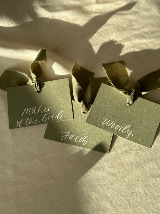 EUCALYPTUS Square *ish Calligraphy Place Name Card | Calligraphy Wedding Place Name Card