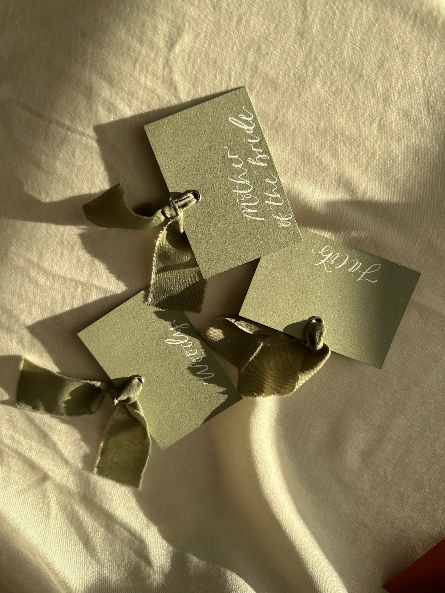 EUCALYPTUS Square *ish Ribbon Place Card | Calligraphy Wedding Place Name Card | Gold or Silver Eyelet