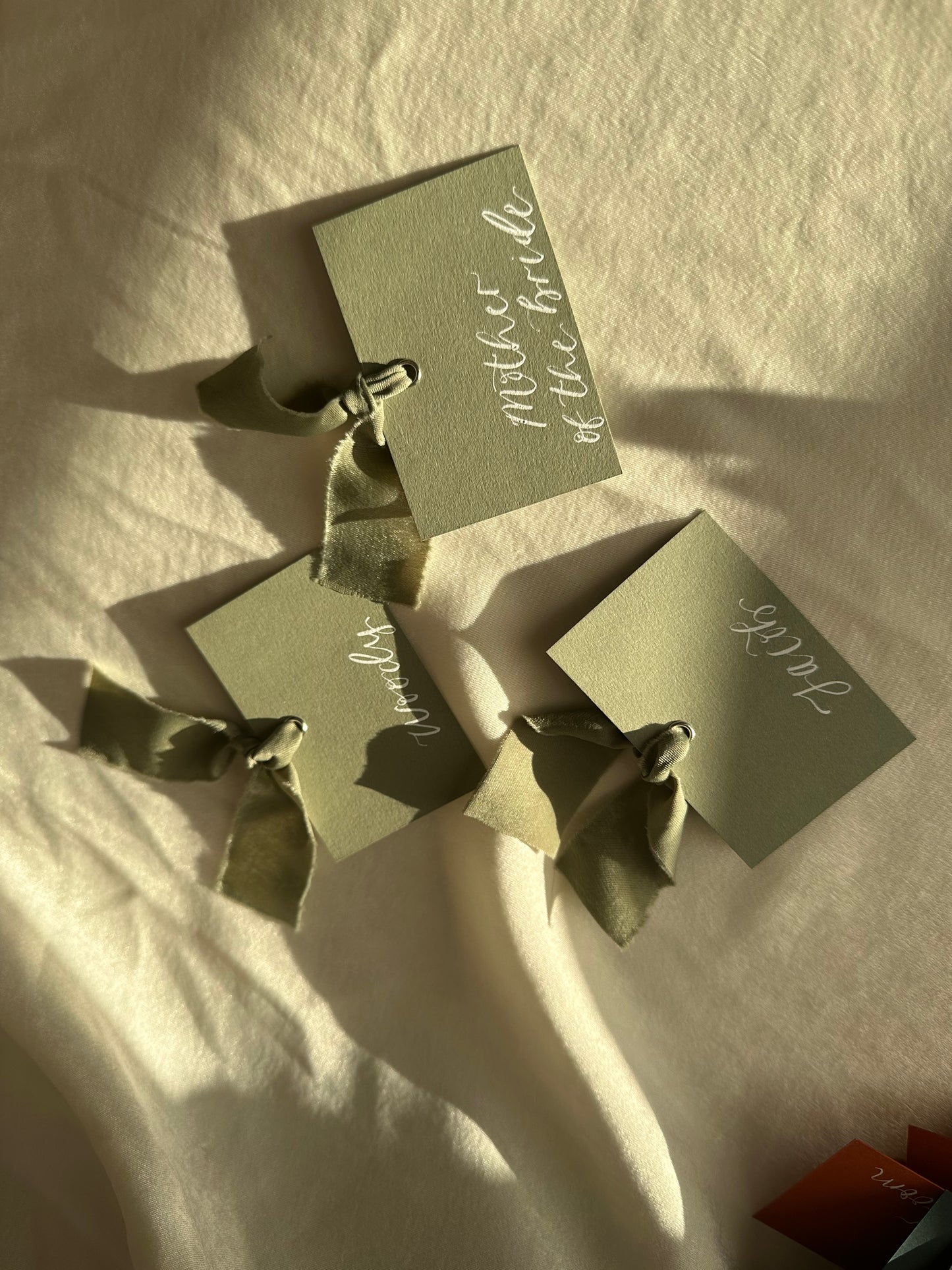 EUCALYPTUS Square *ish Ribbon Place Card | Calligraphy Wedding Place Name Card | Gold or Silver Eyelet