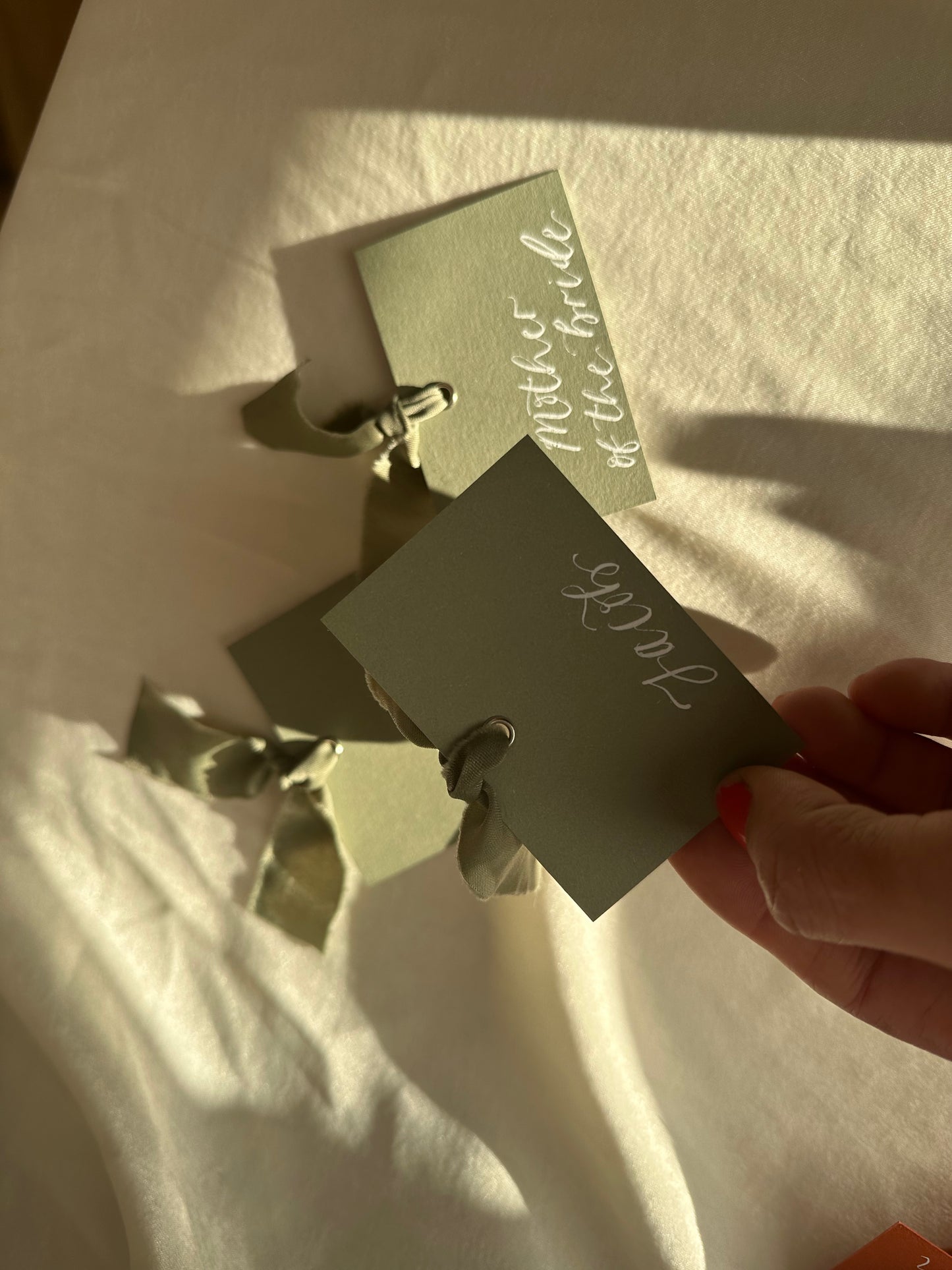 EUCALYPTUS Square *ish Ribbon Place Card | Calligraphy Wedding Place Name Card | Gold or Silver Eyelet