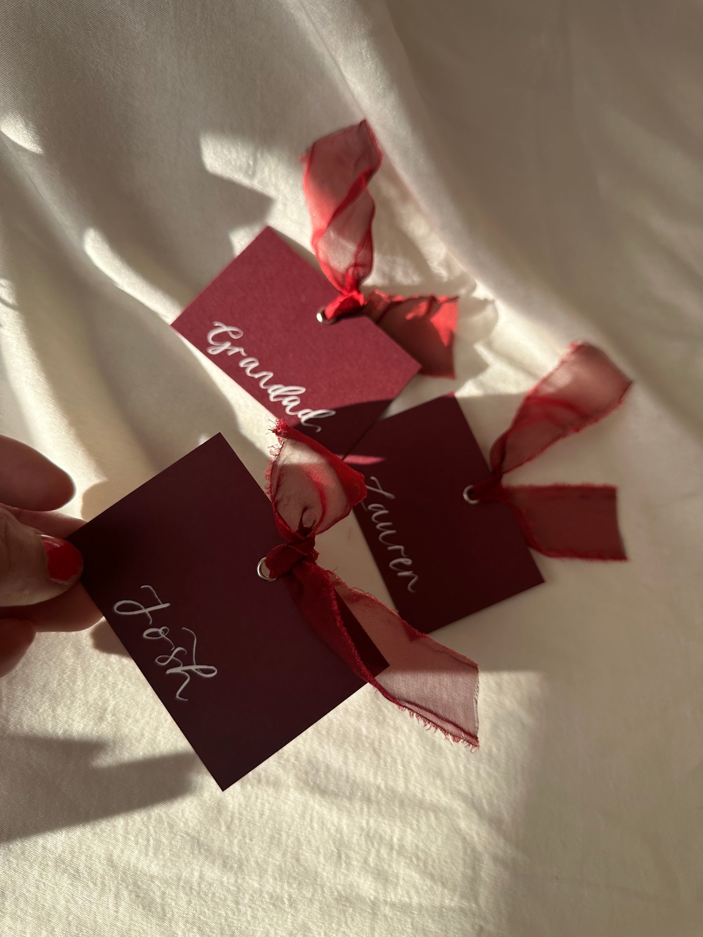 BURGUNDY + WINE Square *ish Organza Ribbon Place Card | Calligraphy Wedding Place Name Card | Gold or Silver Eyelet