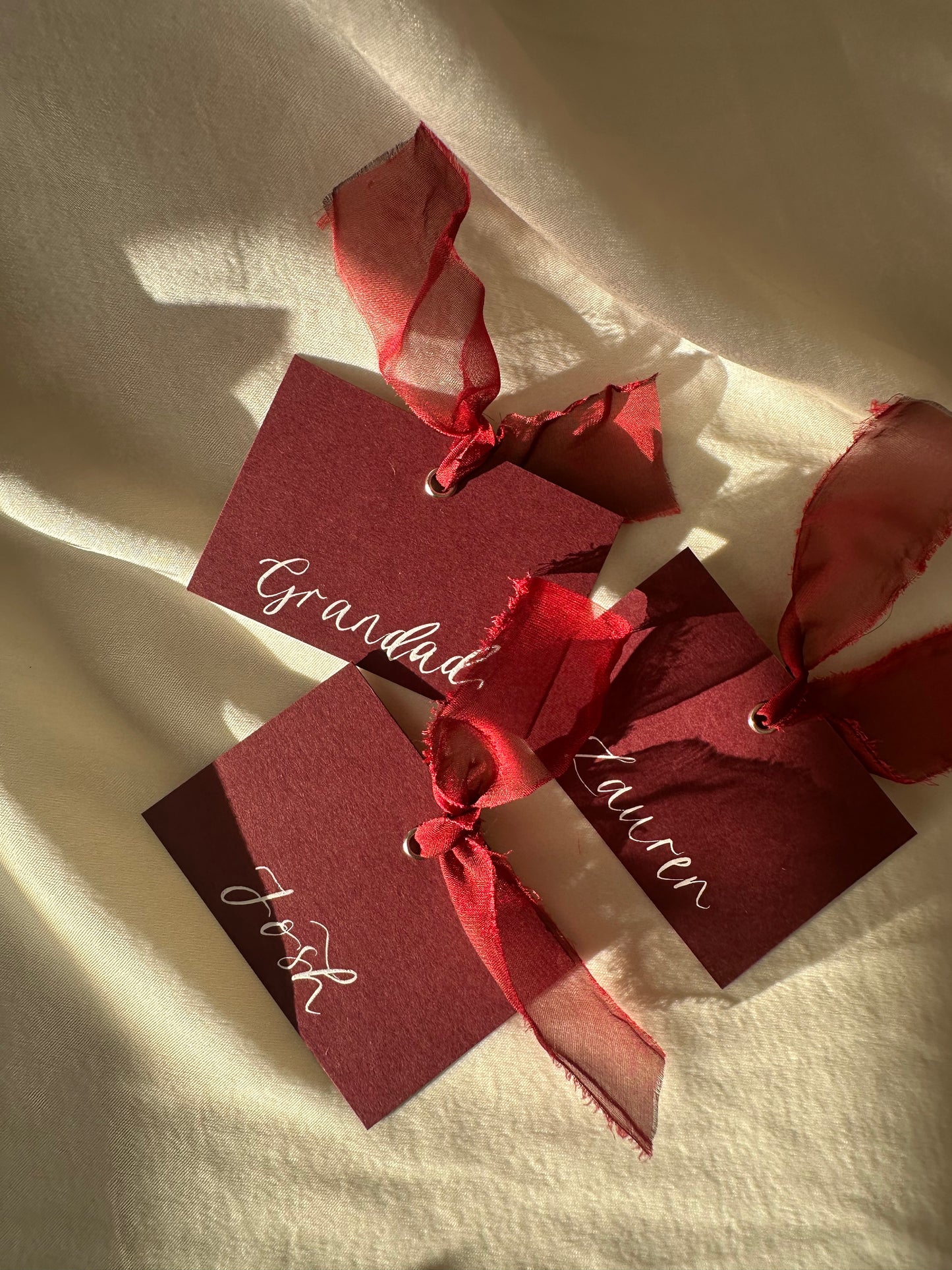 BURGUNDY + WINE Square *ish Organza Ribbon Place Card | Calligraphy Wedding Place Name Card | Gold or Silver Eyelet