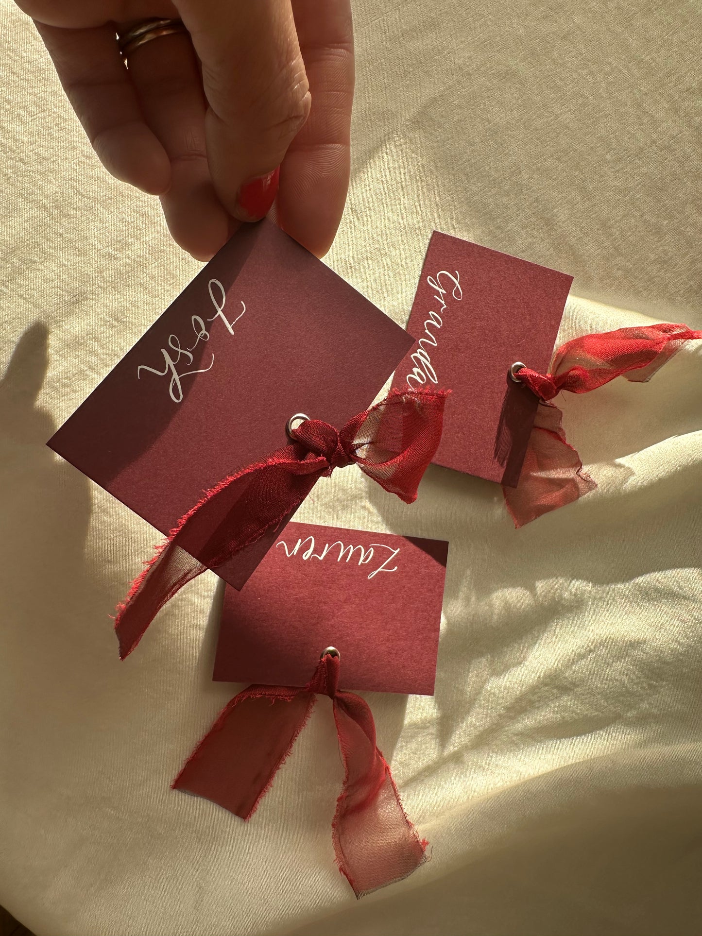 BURGUNDY + WINE Square *ish Organza Ribbon Place Card | Calligraphy Wedding Place Name Card | Gold or Silver Eyelet