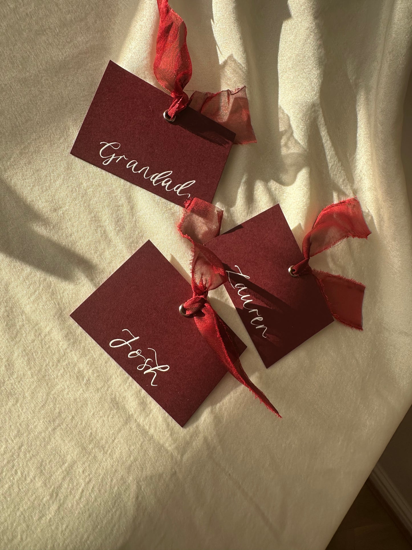 BURGUNDY + WINE Square *ish Organza Ribbon Place Card | Calligraphy Wedding Place Name Card | Gold or Silver Eyelet