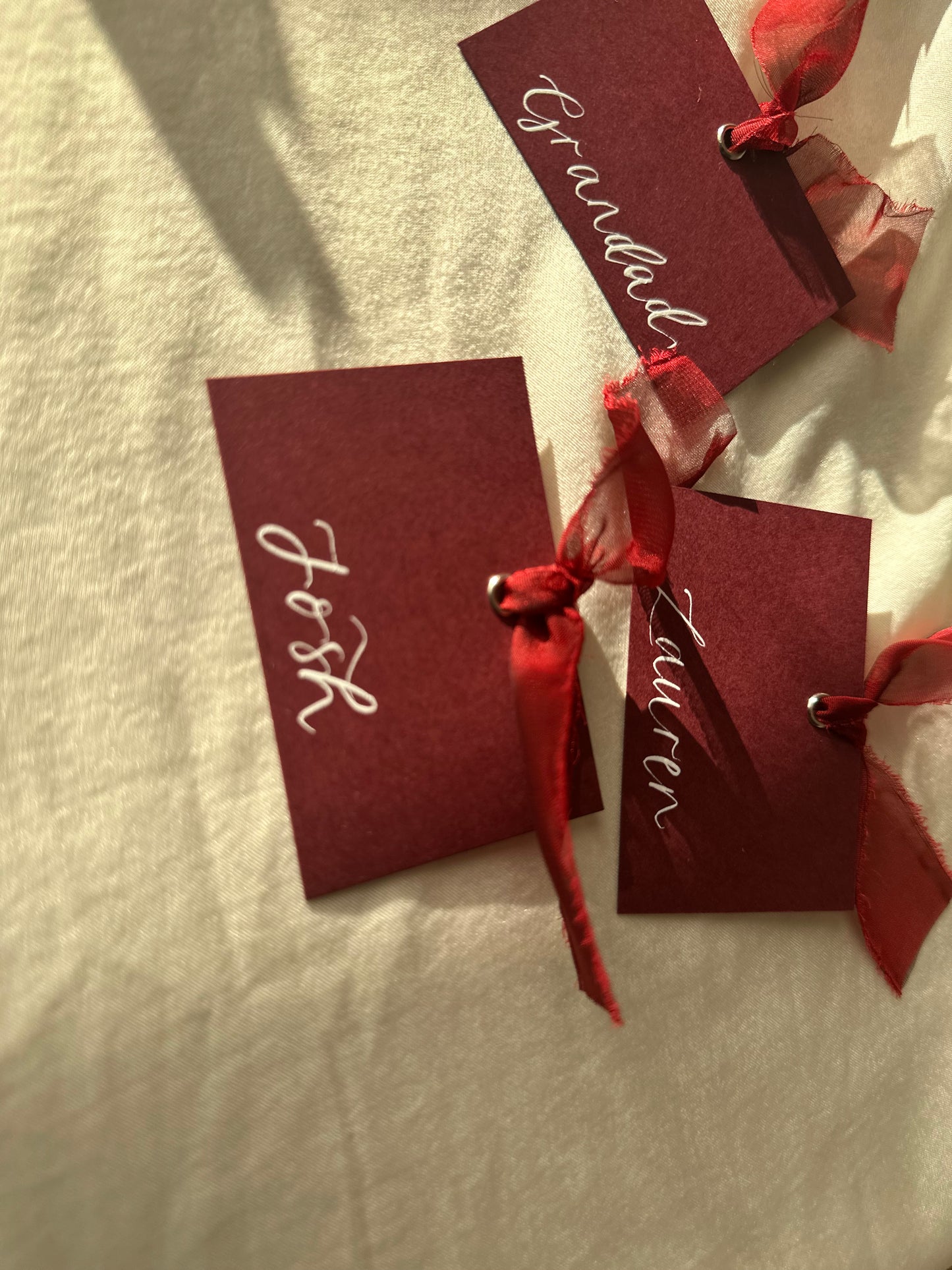 BURGUNDY + WINE Square *ish Organza Ribbon Place Card | Calligraphy Wedding Place Name Card | Gold or Silver Eyelet