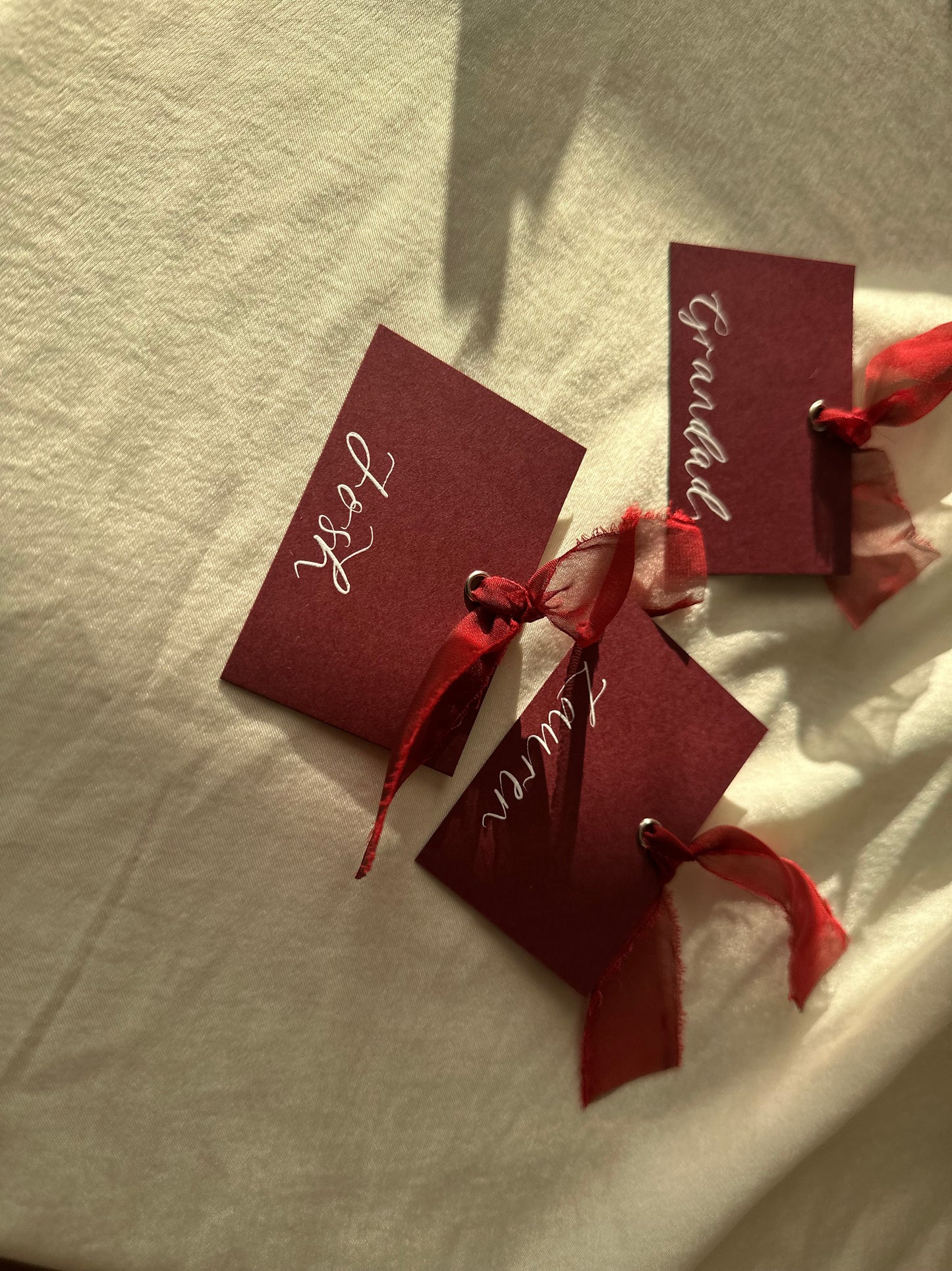 BURGUNDY + WINE Square *ish Organza Ribbon Place Card | Calligraphy Wedding Place Name Card | Gold or Silver Eyelet
