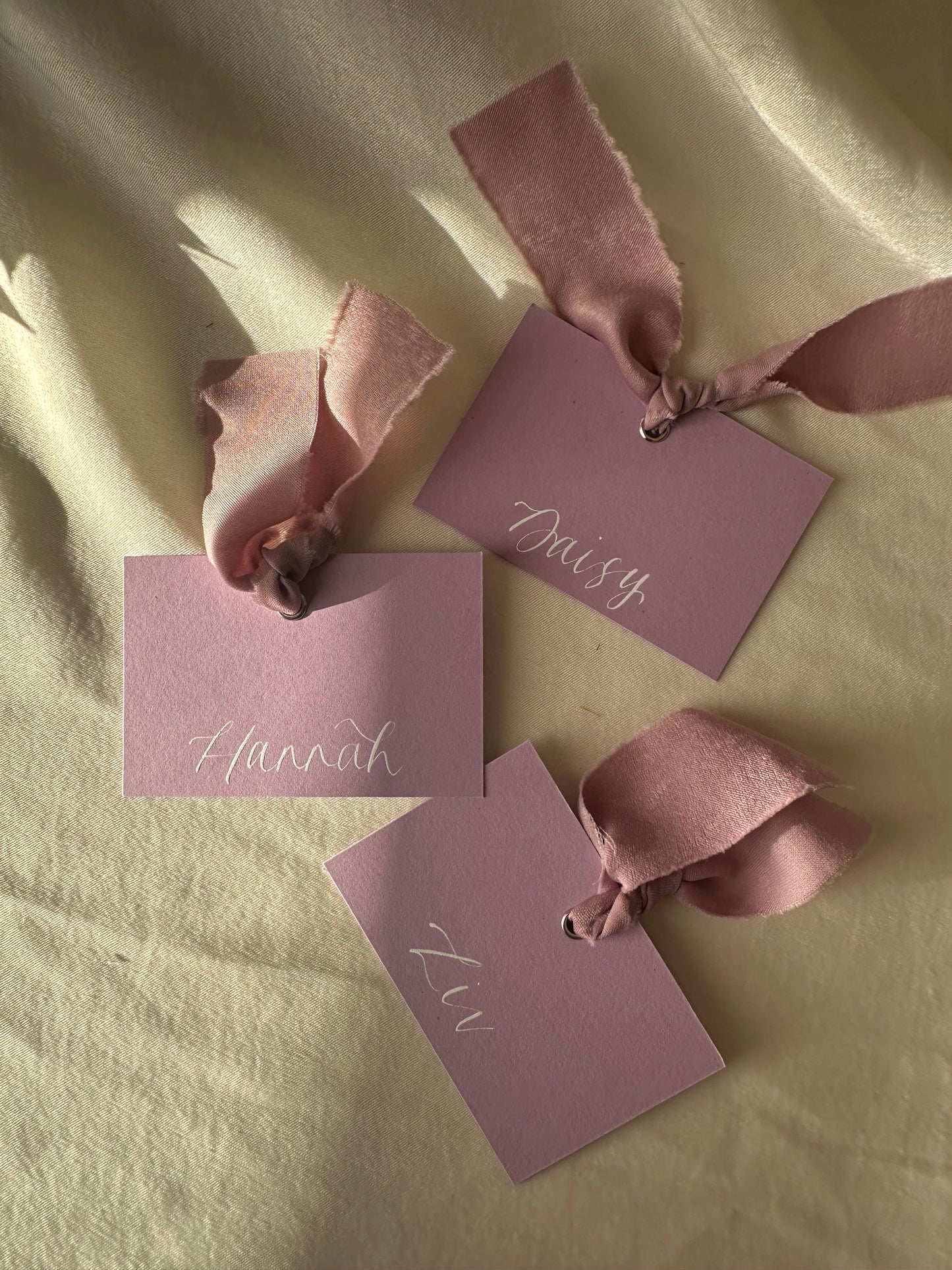 LILAC Square *ish Ribbon Place Card | Calligraphy Wedding Place Name Card | Gold or Silver Eyelet