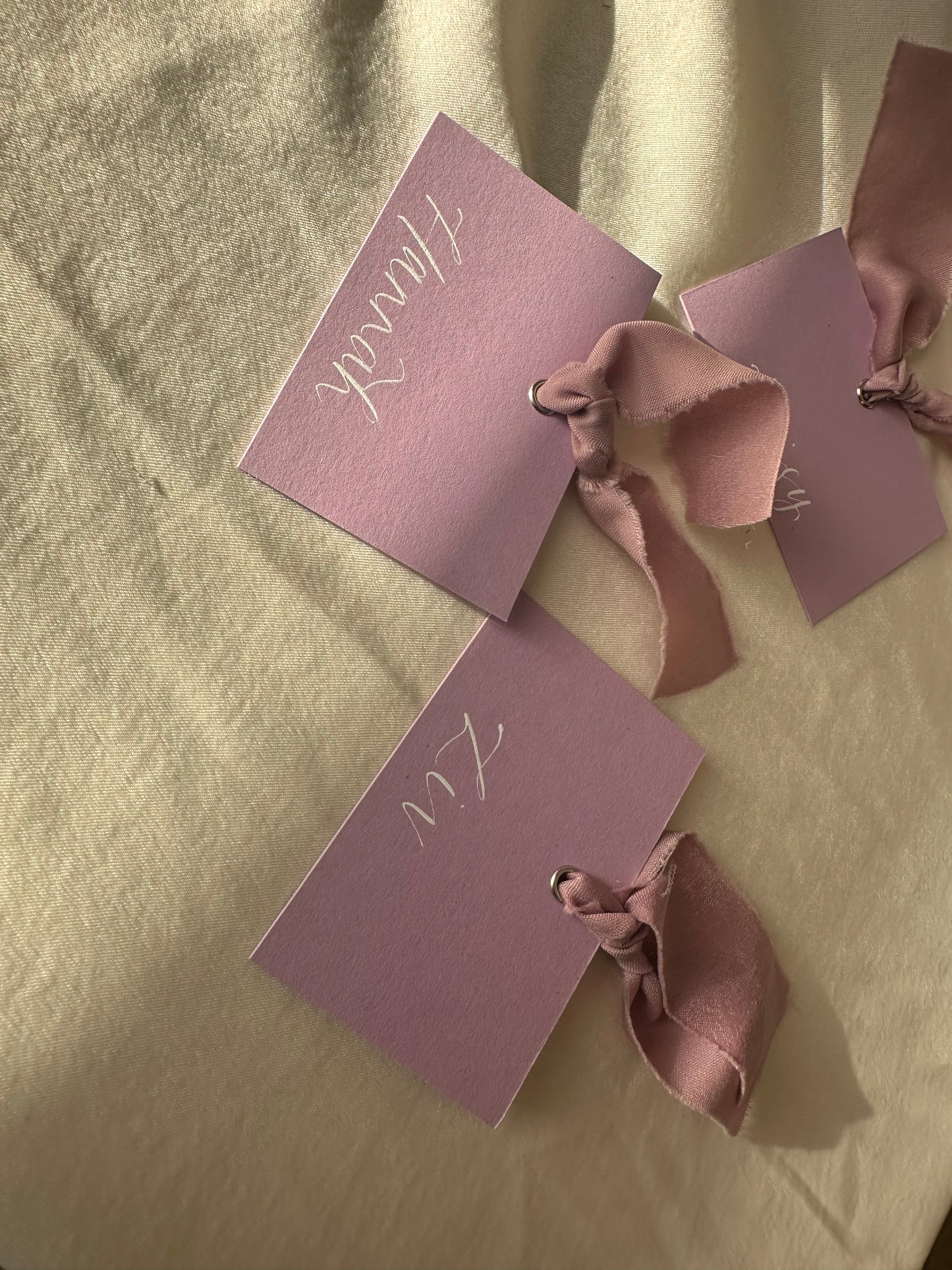 LAVANDER LILAC Square *ish Place Card Chiffon Ribbon | Calligraphy Wedding Place Name Card | Gold or Silver Eyelet