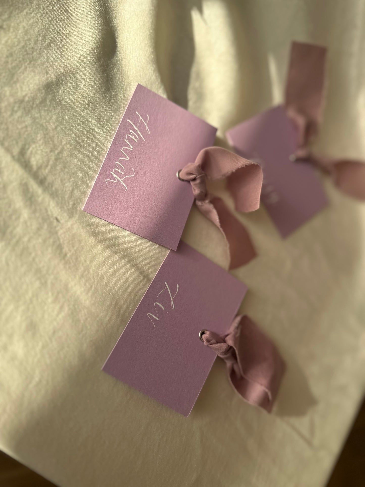 LILAC Square *ish Ribbon Place Card | Calligraphy Wedding Place Name Card | Gold or Silver Eyelet