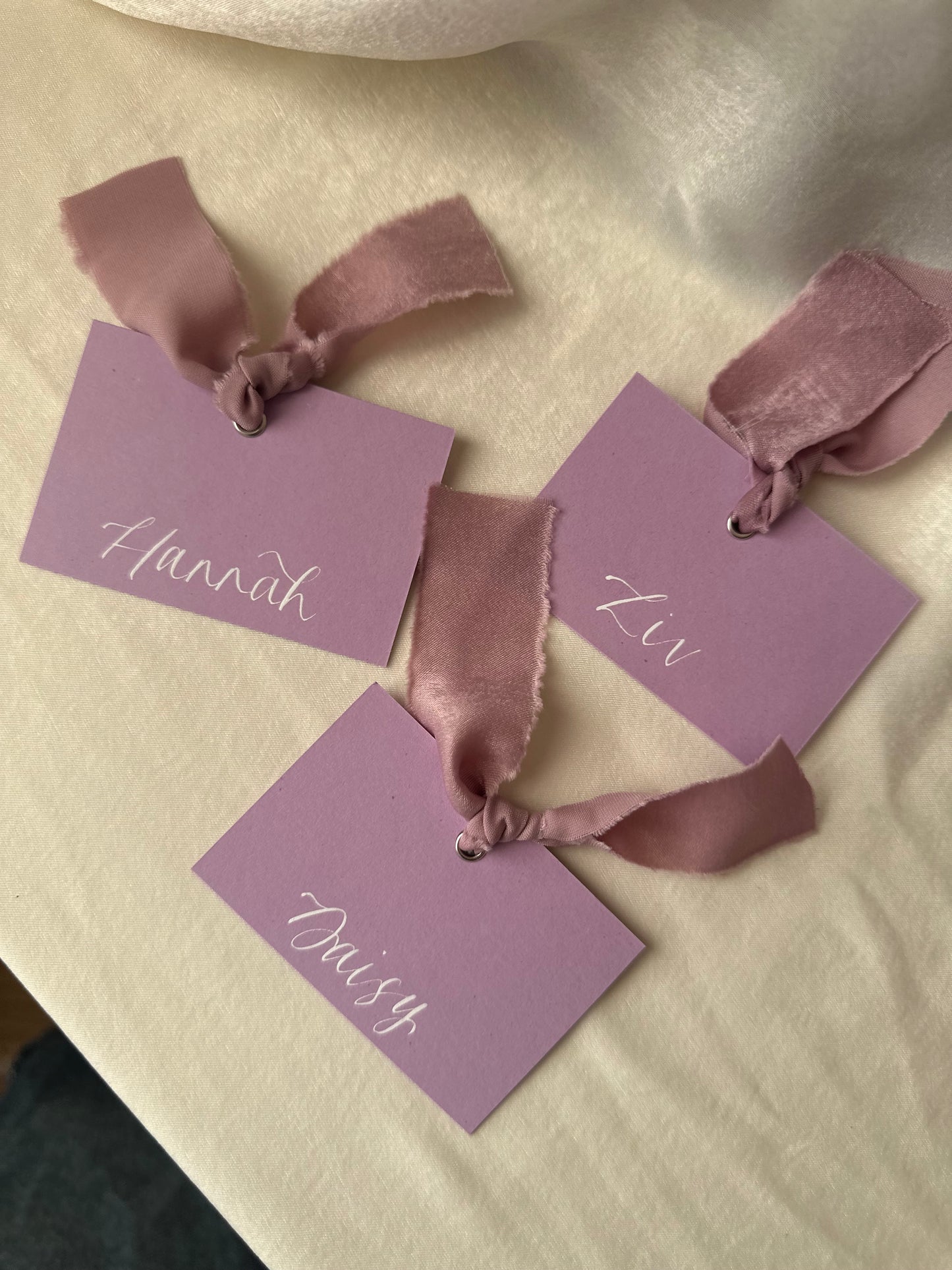 LILAC Square *ish Ribbon Place Card | Calligraphy Wedding Place Name Card | Gold or Silver Eyelet