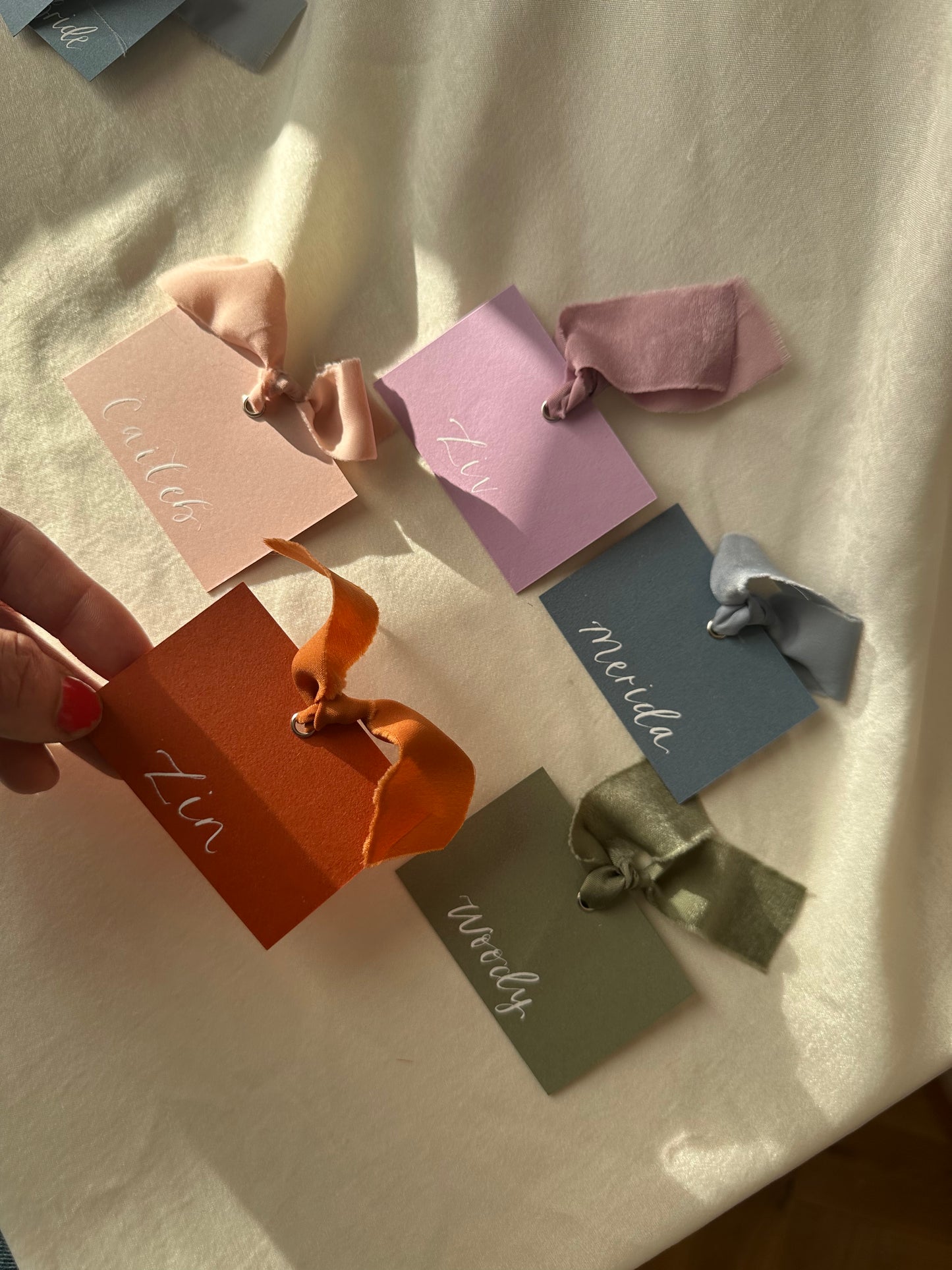 Square *ish Ribbon Place Card | Calligraphy Wedding Place Name Card | Gold or Silver Eyelet