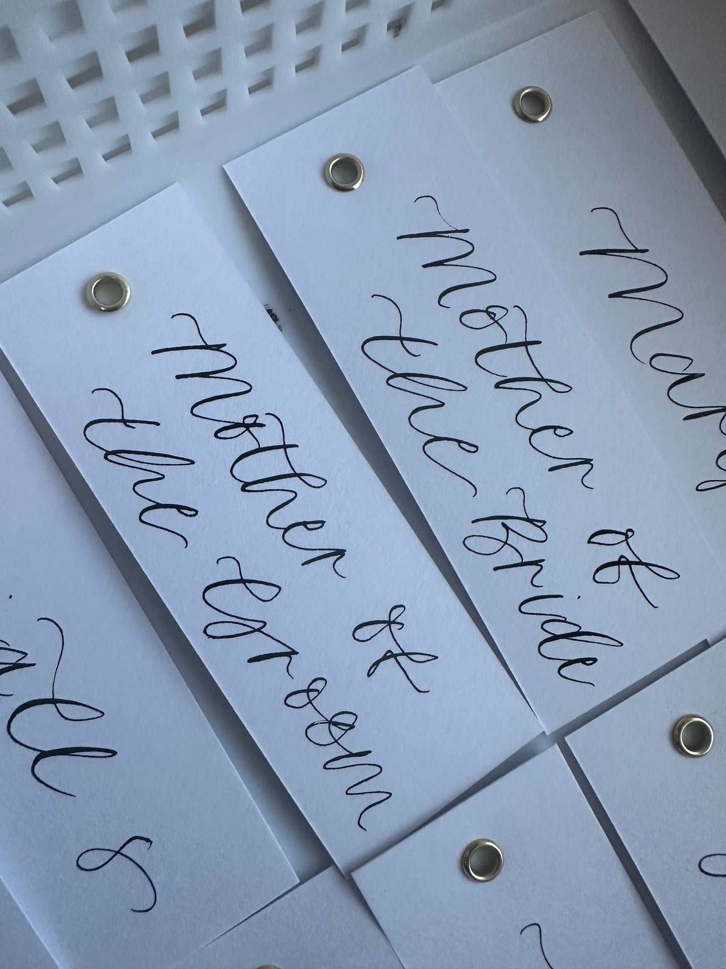 WHITE Calligraphy Place Name Card | White Card with Hand Written Calligraphy optional gold or silver eyelet