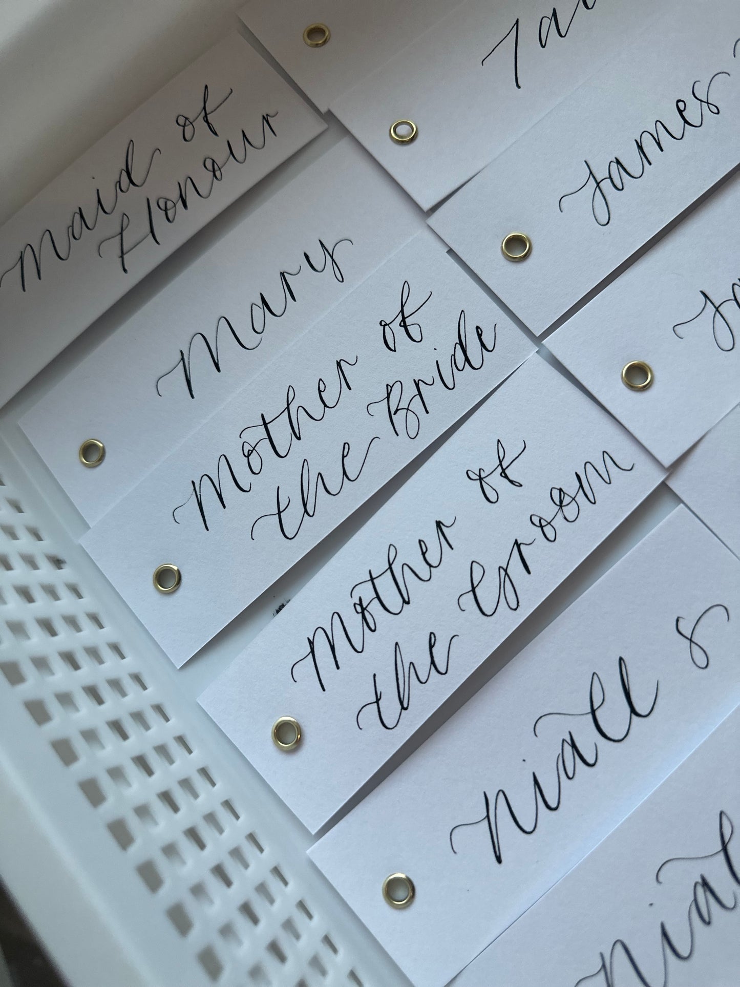 WHITE Calligraphy Place Name Card | White Card with Hand Written Calligraphy optional gold or silver eyelet