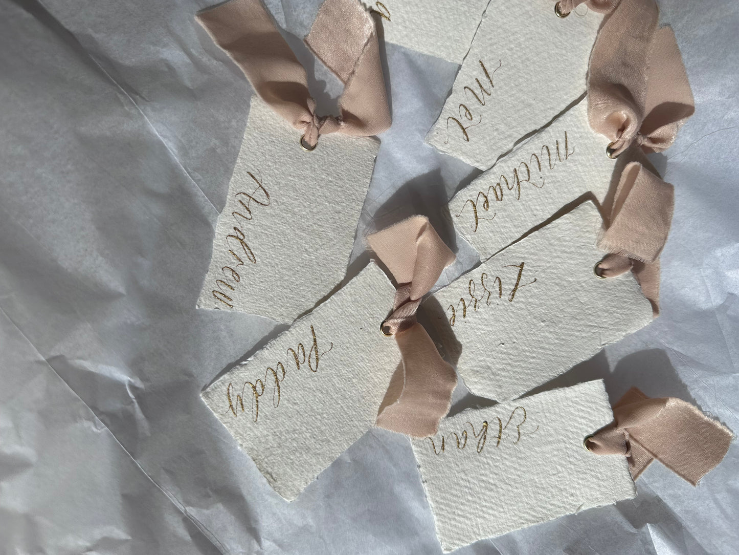 HANDMADE PAPER + NUDE Place Card Chiffon Ribbon | Calligraphy Wedding Place Name Card | Gold or Silver Eyelet