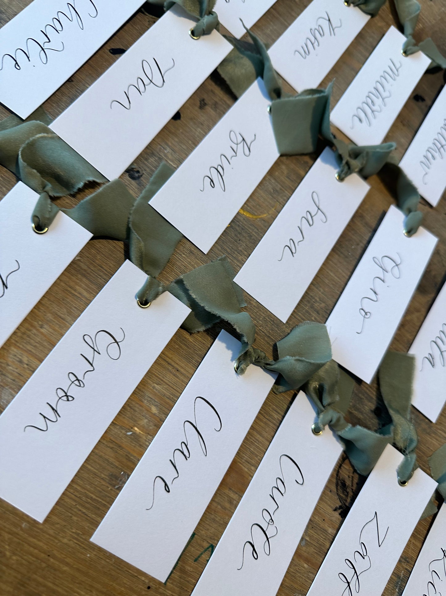 EUCALYPTUS Chiffon Calligraphy Place Name Card | White Calligraphy Wedding Place Name Card | Gold or Silver Eyelet