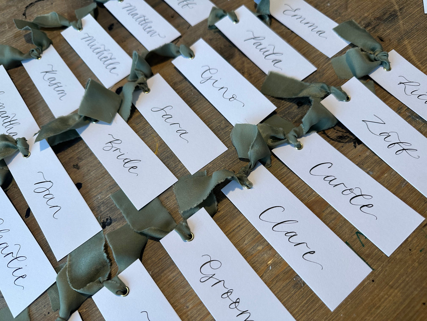 EUCALYPTUS Chiffon Calligraphy Place Name Card | White Calligraphy Wedding Place Name Card | Gold or Silver Eyelet