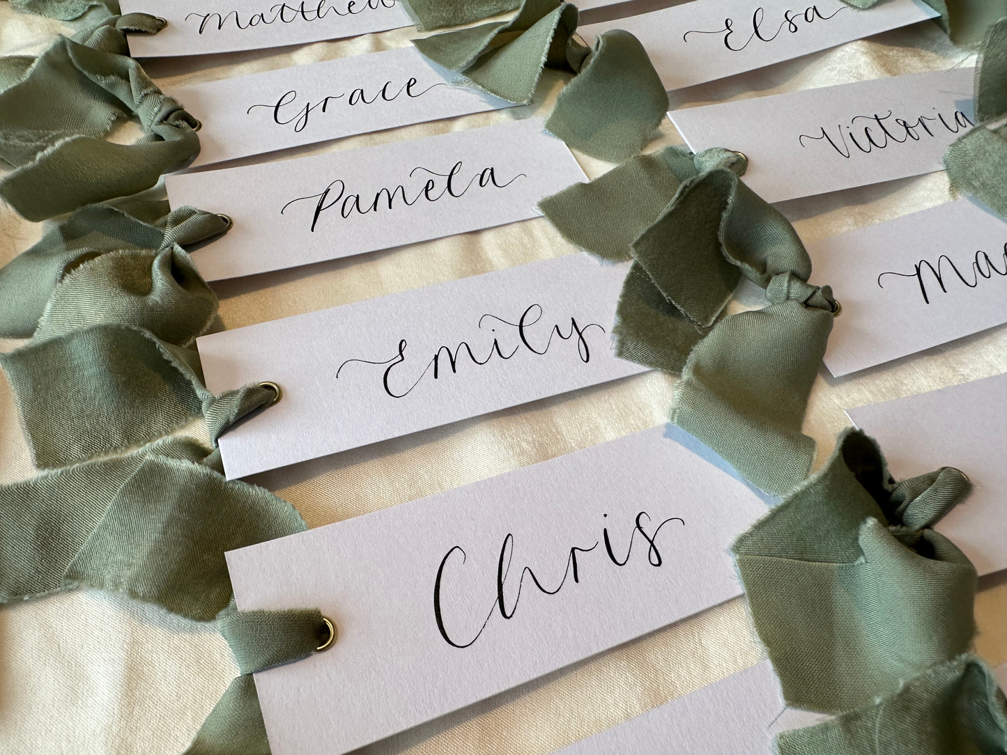 EUCALYPTUS Chiffon Calligraphy Place Name Card | White Calligraphy Wedding Place Name Card | Gold or Silver Eyelet