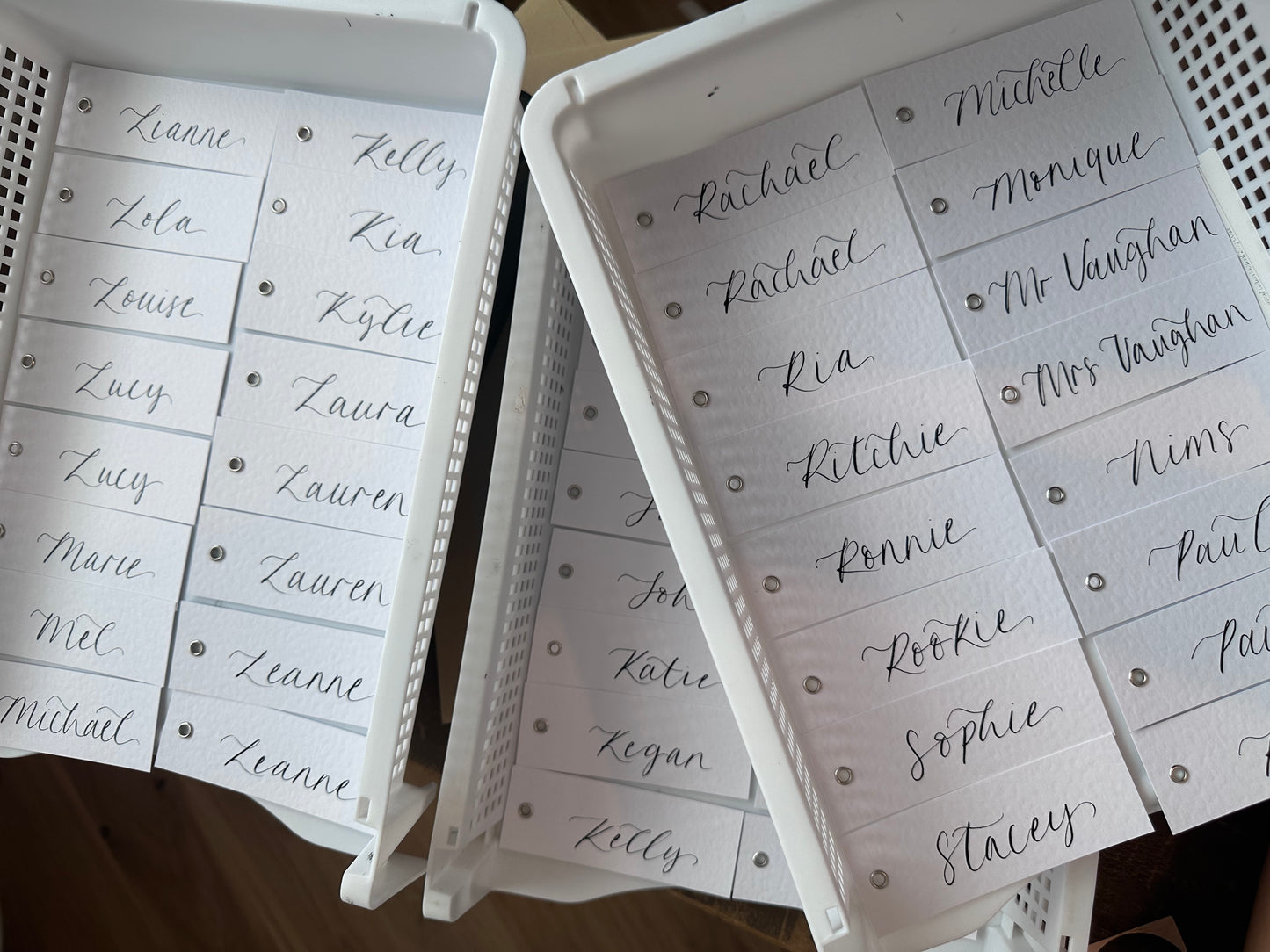 WHITE HAMMERED Calligraphy Place Name Card | DIY Add Own Ribbon Calligraphy Wedding Place Name Card | Gold or Silver Eyelet Place Card