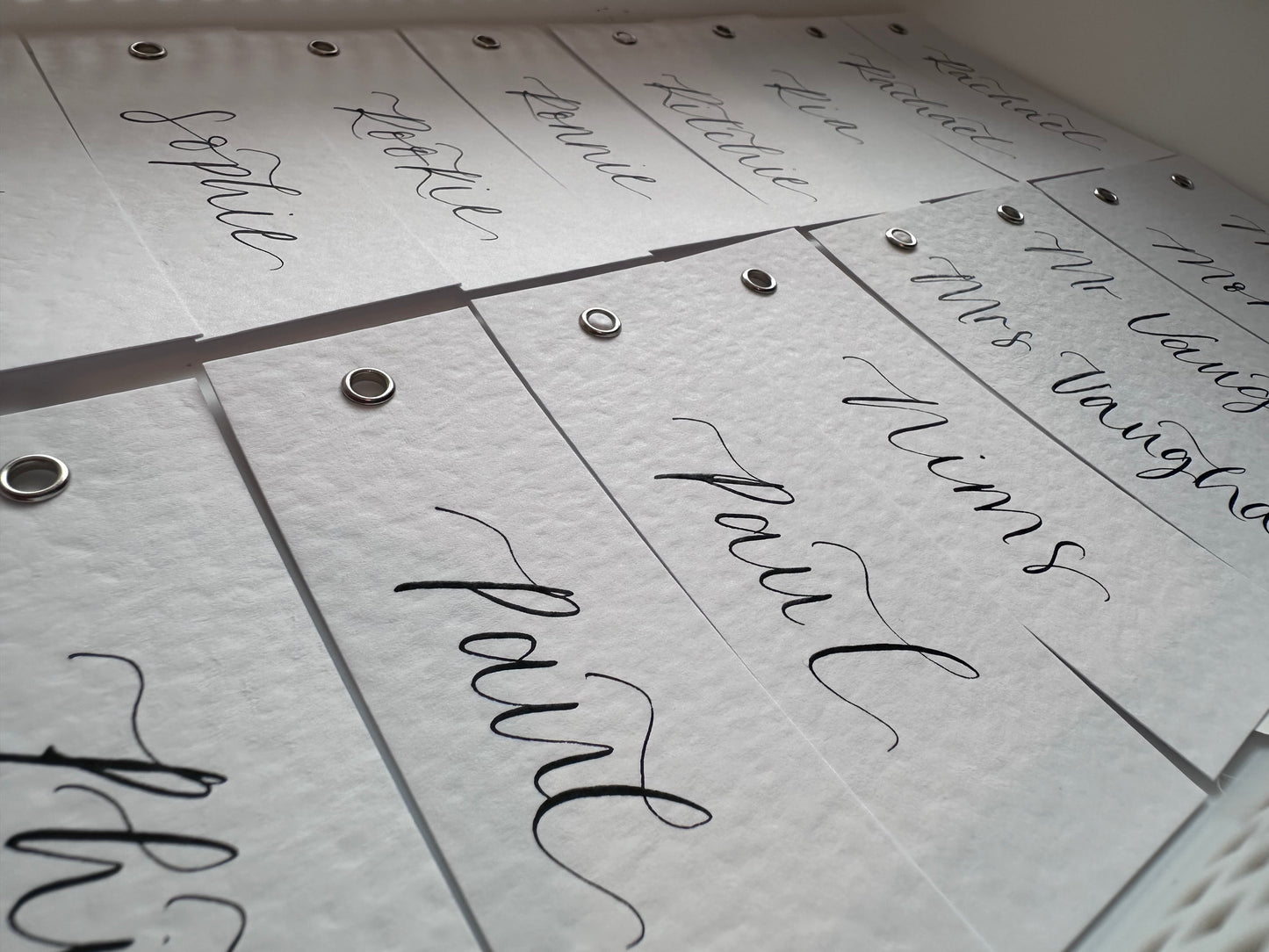 WHITE Hammered Calligraphy Place Name Card | Hammer Card with Hand Written Calligraphy optional gold or silver eyelet
