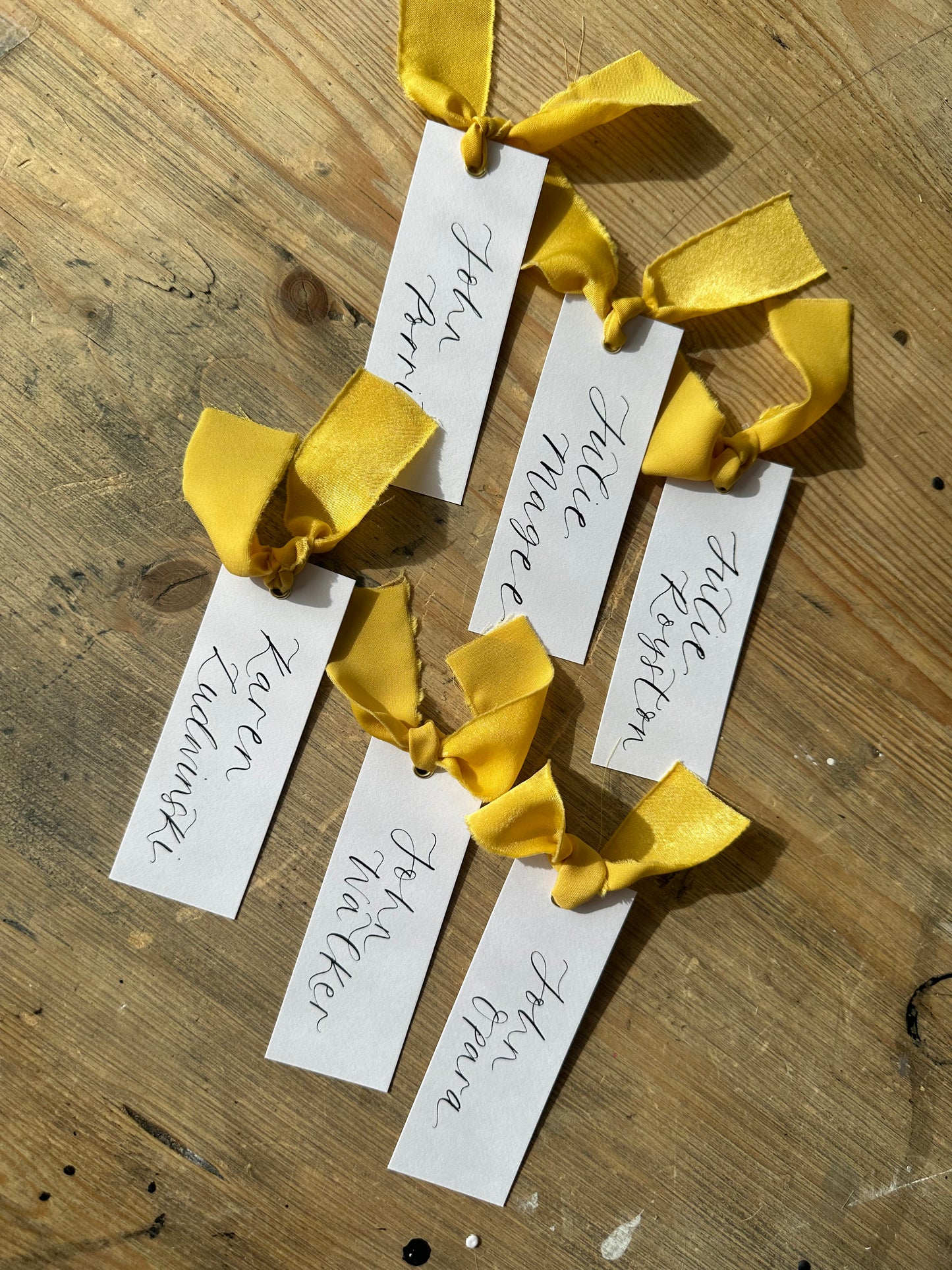 LEMON Chiffon Calligraphy Place Name Card | White Calligraphy Wedding Place Name Card | Gold or Silver Eyelet