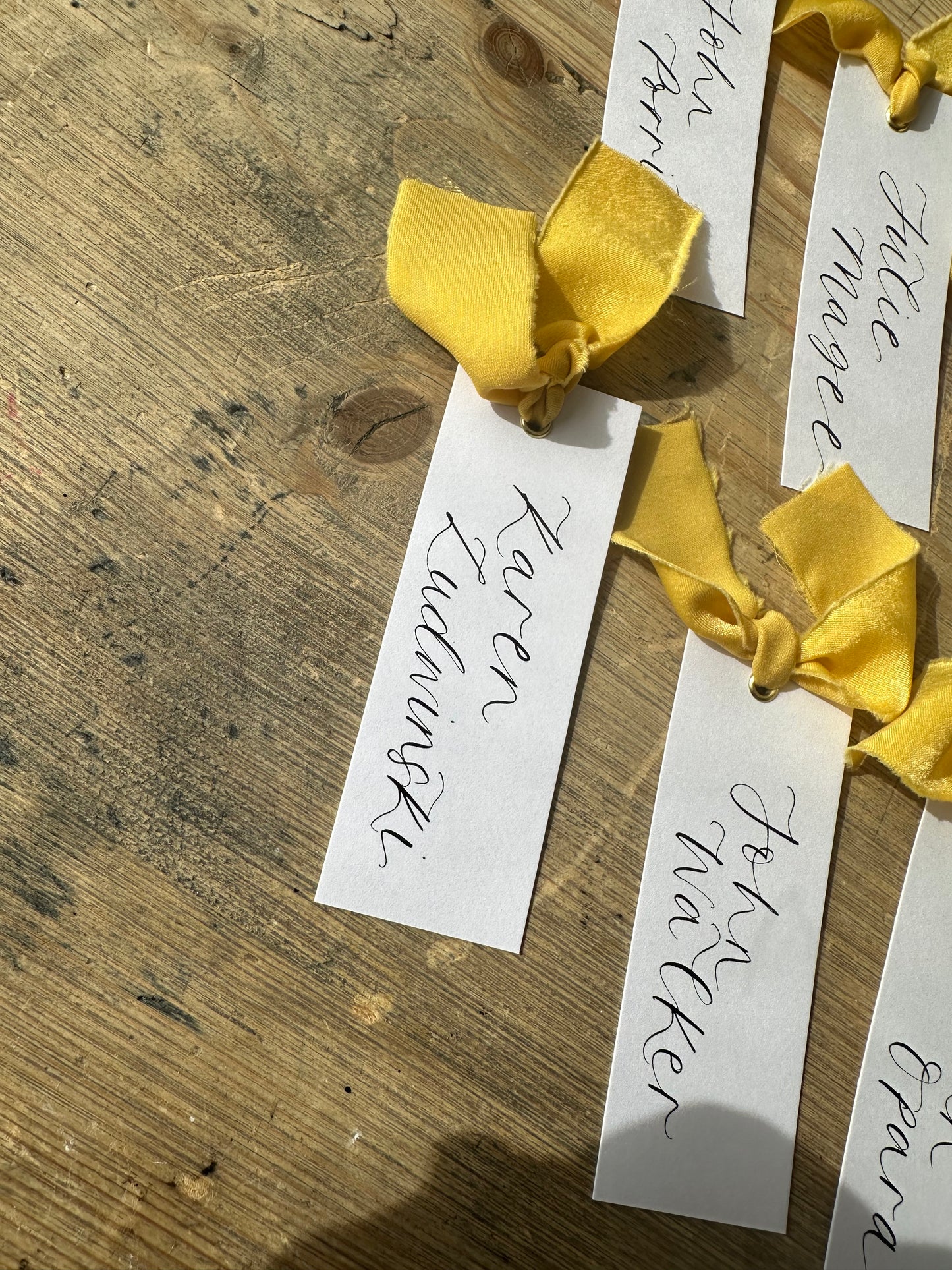 LEMON Chiffon Calligraphy Place Name Card | White Calligraphy Wedding Place Name Card | Gold or Silver Eyelet