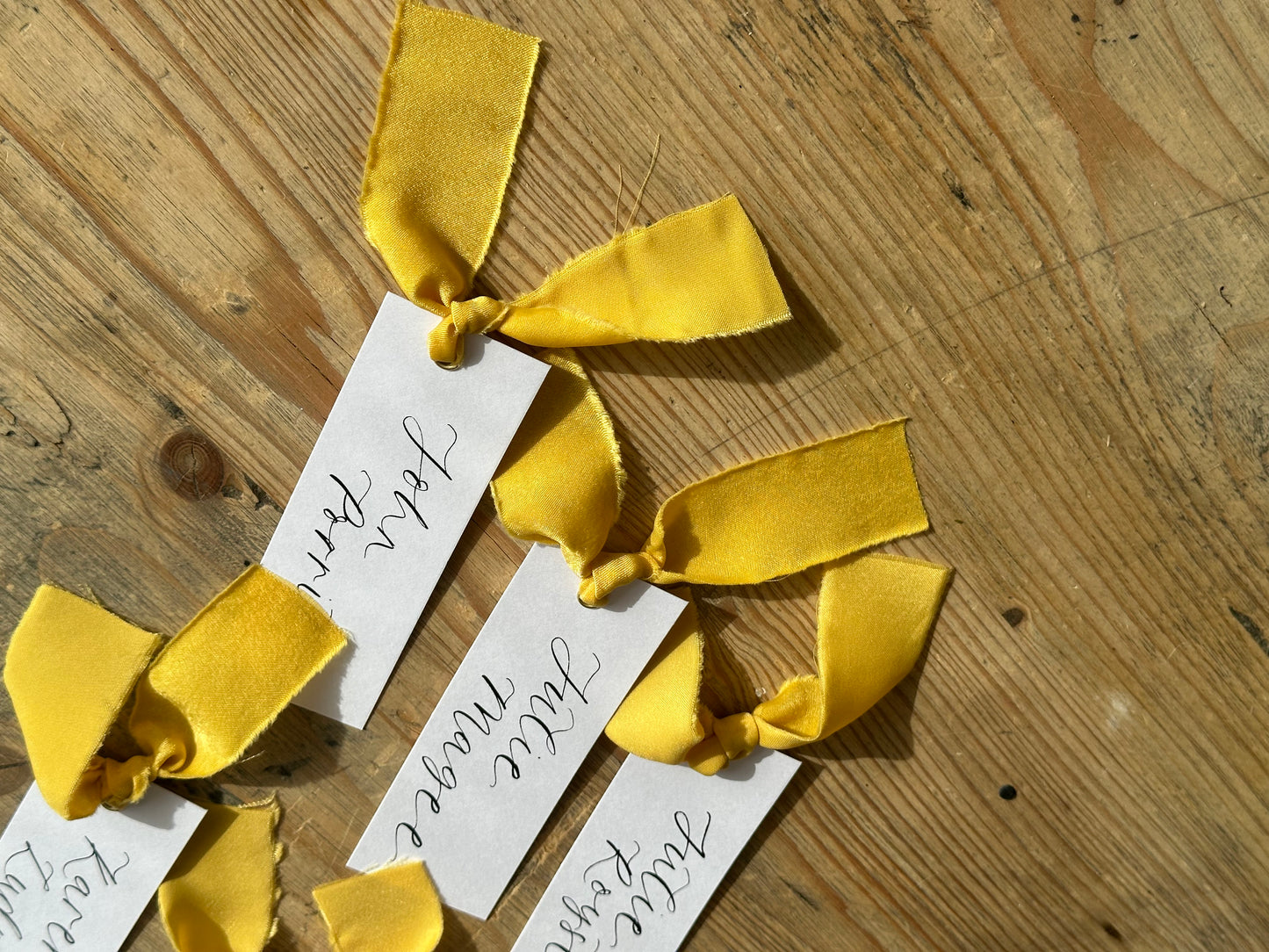 LEMON Chiffon Ribbon Calligraphy Place Name Card | Opaque Calligraphy Wedding Place Name Card | Gold or Silver Eyelet