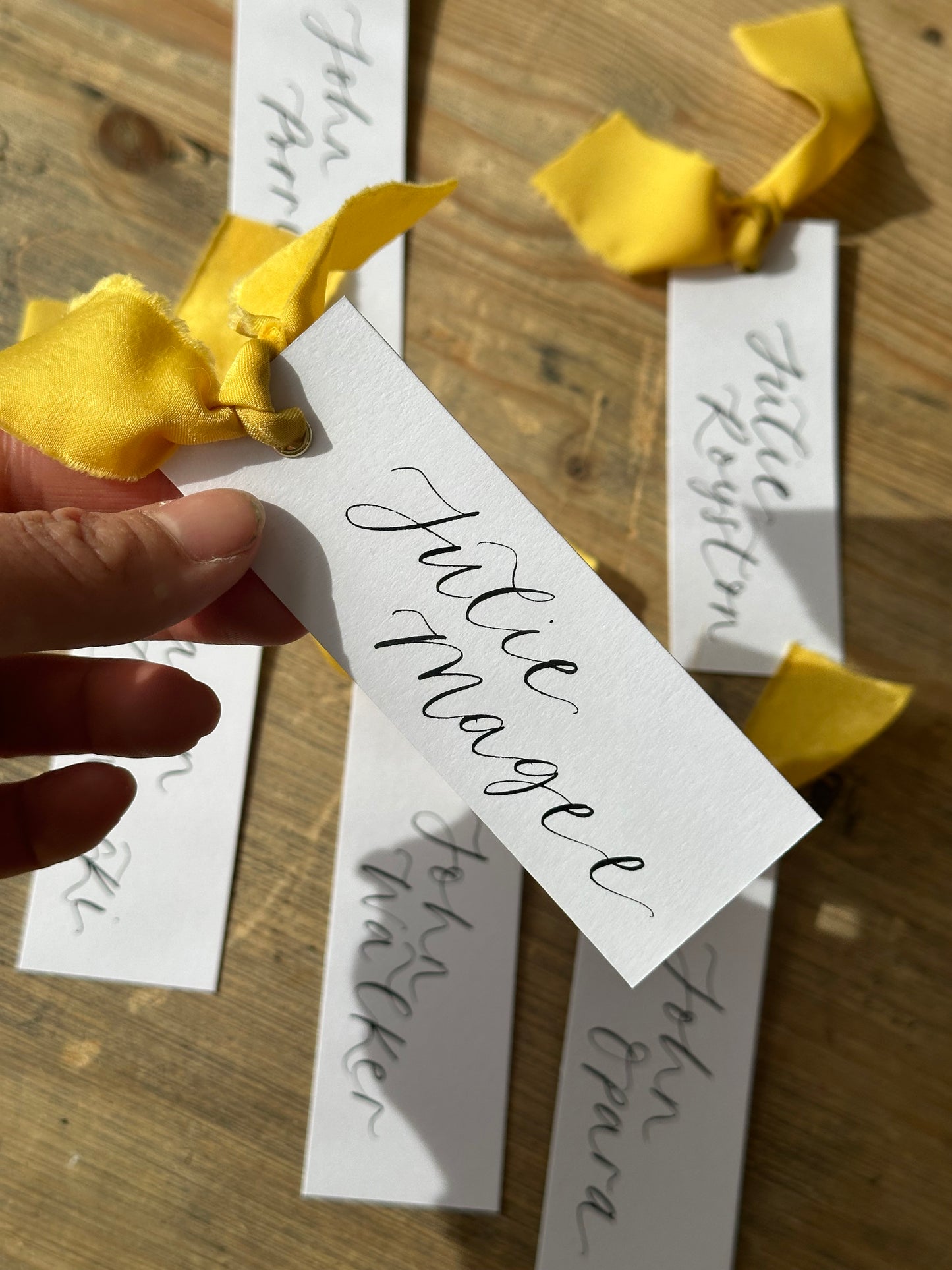 LEMON Chiffon Calligraphy Place Name Card | White Calligraphy Wedding Place Name Card | Gold or Silver Eyelet